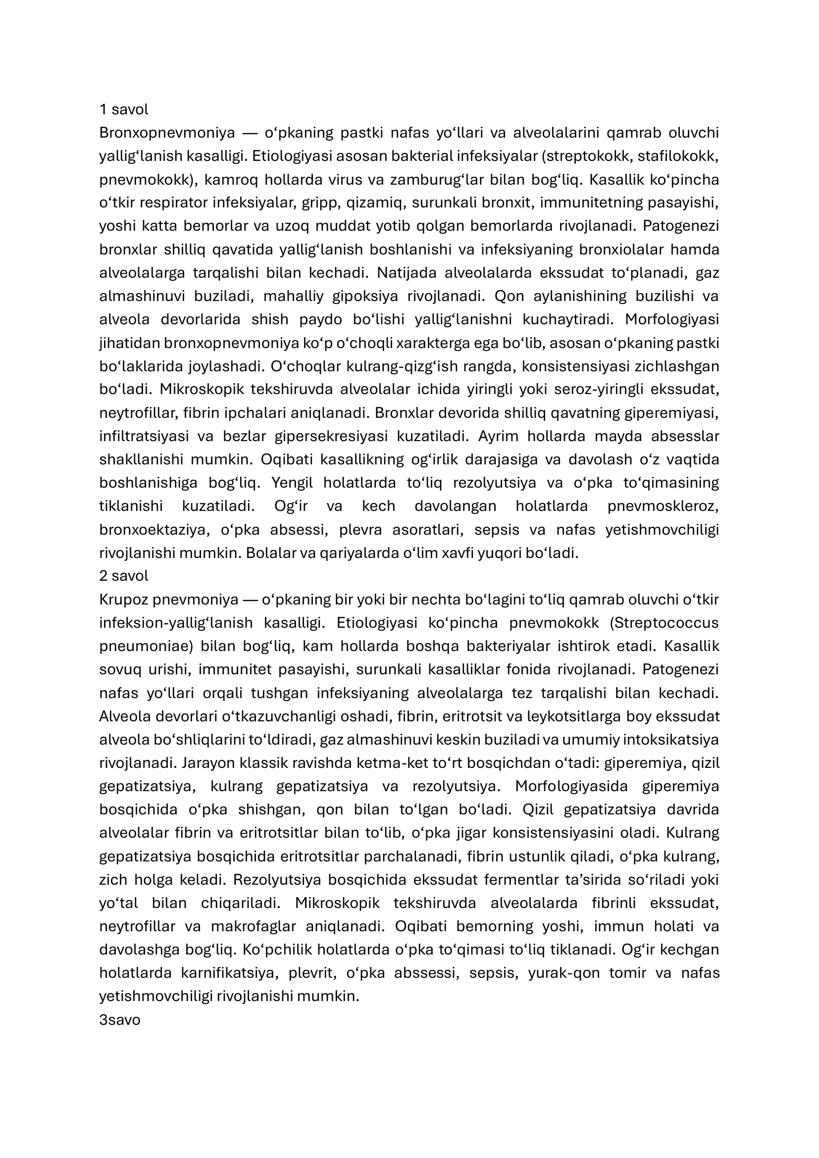 Patalogik Anatomiya fanidan 5 smestr oraliq nazorat savollariga tòlliq javoblar