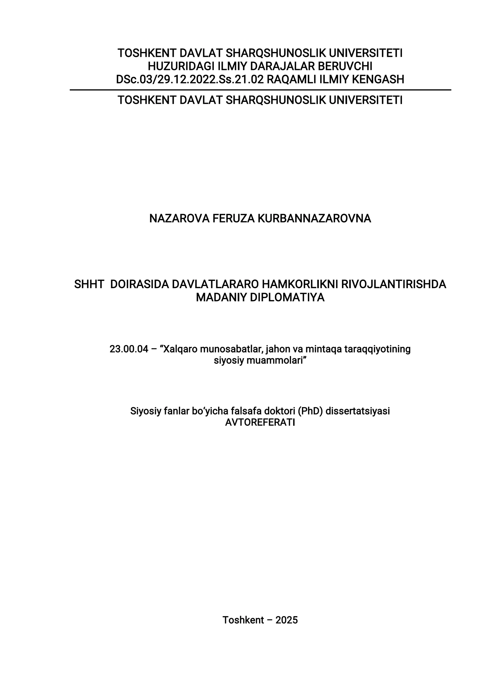 Siyosiy fanlar bo‘yicha falsafa doktori dissertatsiyasi (PhD) avtoreferati