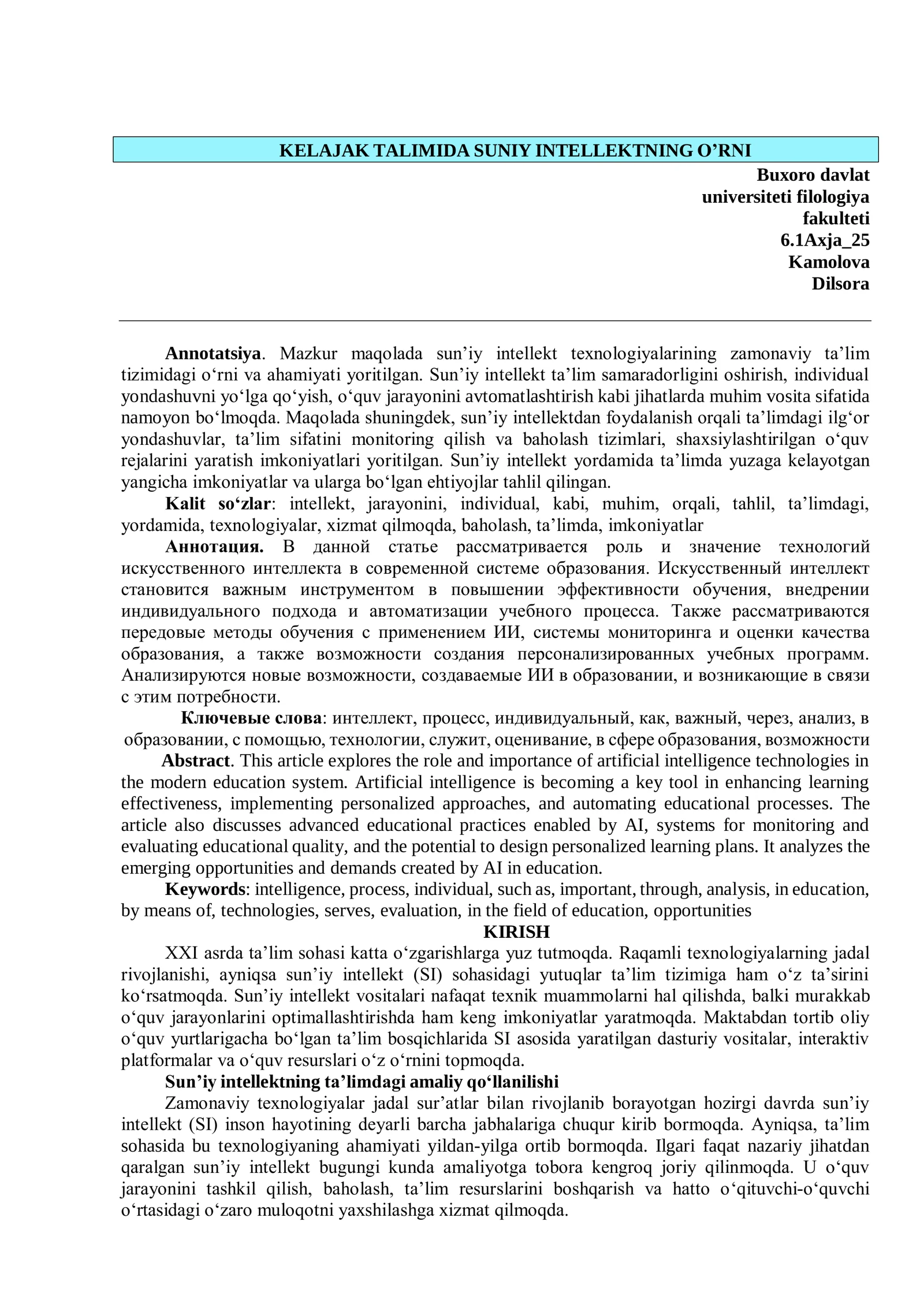 sun’iy intellekt texnologiyalarining zamonaviy ta’lim tizimidagi o‘rni va ahamiyati