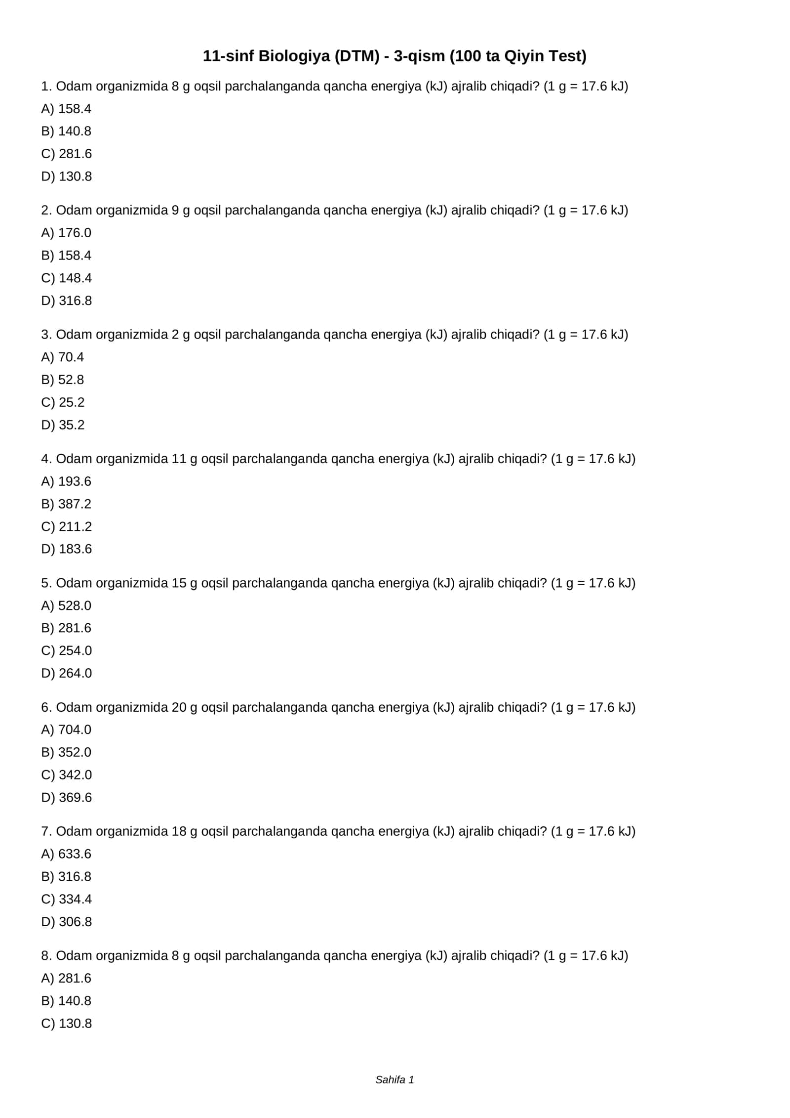 11-sinf Biologiya (DTM) - 3-qism (100 ta Qiyin Test)