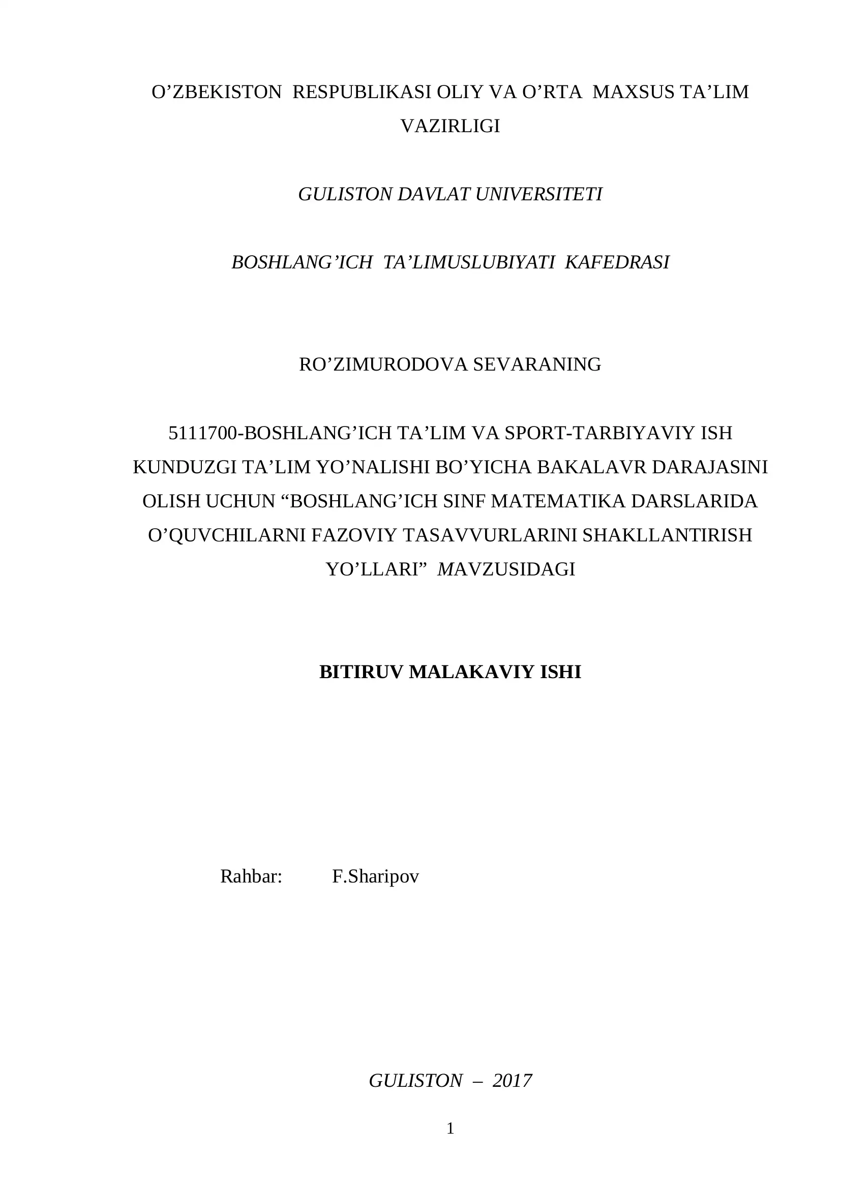 BOSHLANG’ICH SINF MATEMATIKA DARSLARIDA O’QUVCHILARNI FAZOVIY TASAVVURLARINI SHAKLLANTIRISH YO’LLARI
