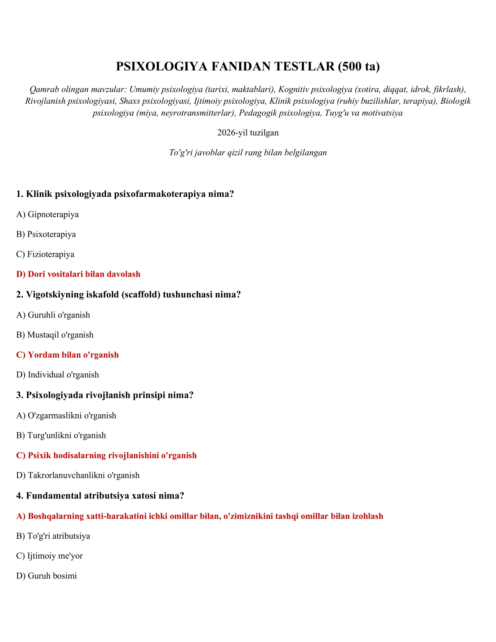 PSIXOLOGIYA FANIDAN TESTLAR (500 ta)
