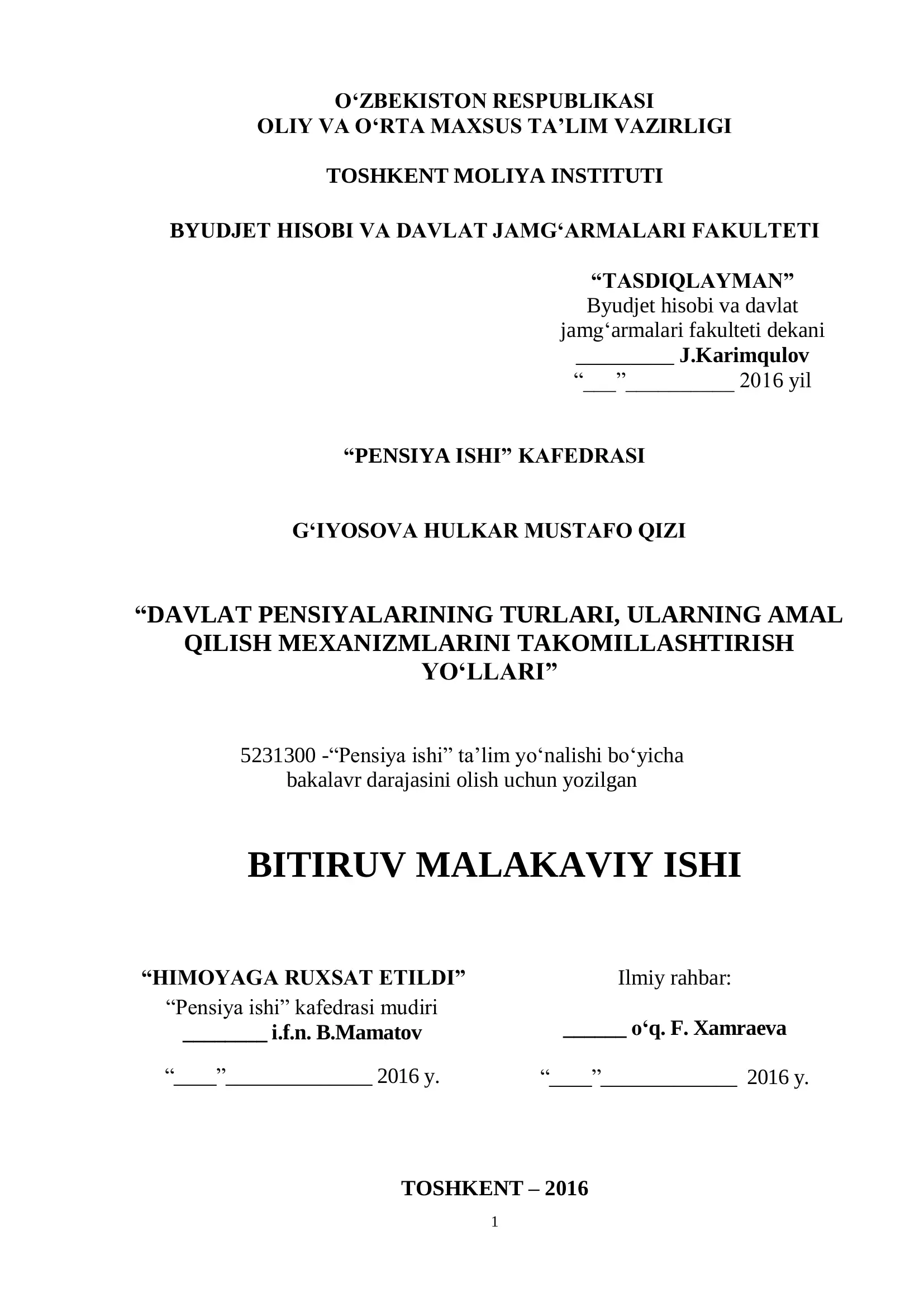 Davlat pensiyalarining turar va ularning amal qilish mexanizmlarini takomillashtirish yo'llari