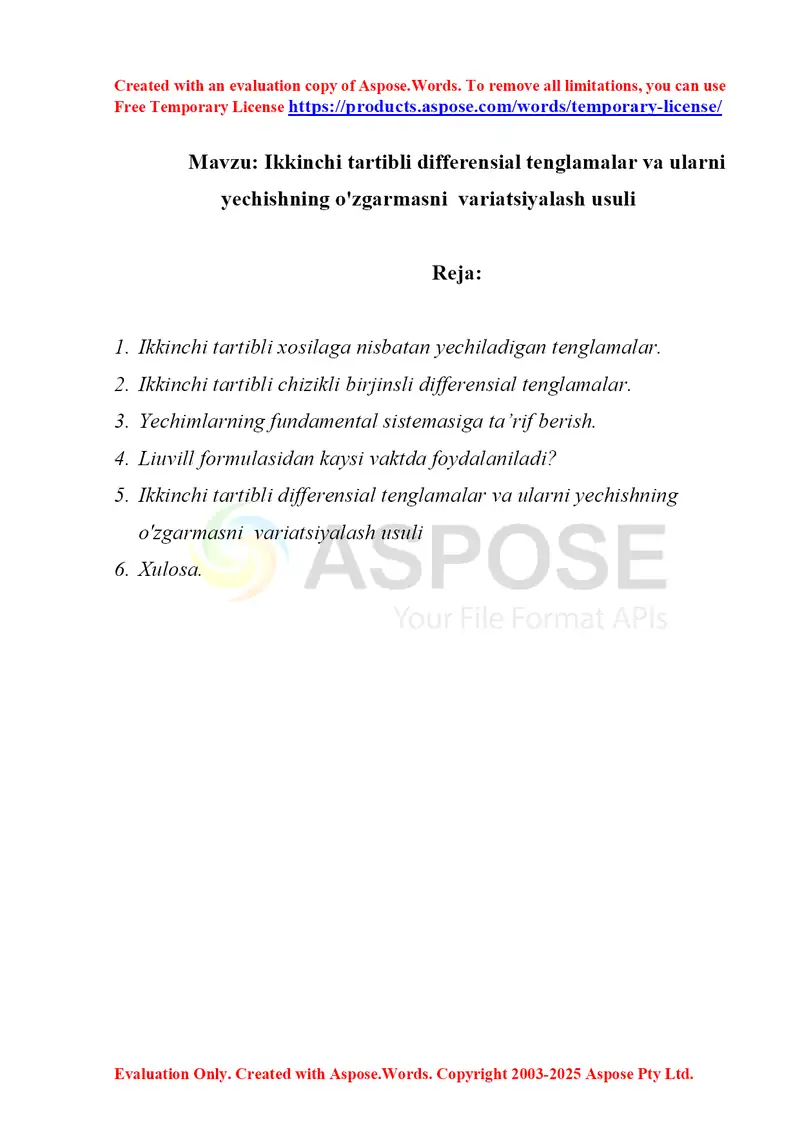 Ikkinchi tartibli differensial tenglamalar va ularni yechishning o'zgarmasni  variatsiyalash usuli