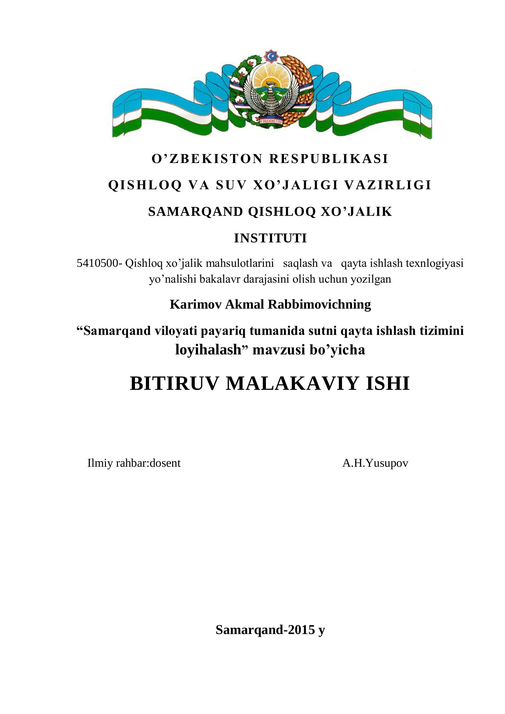 Qishloq xo’jalik mahsulotlarini saqlash va qayta ishlash texnlogiyasi