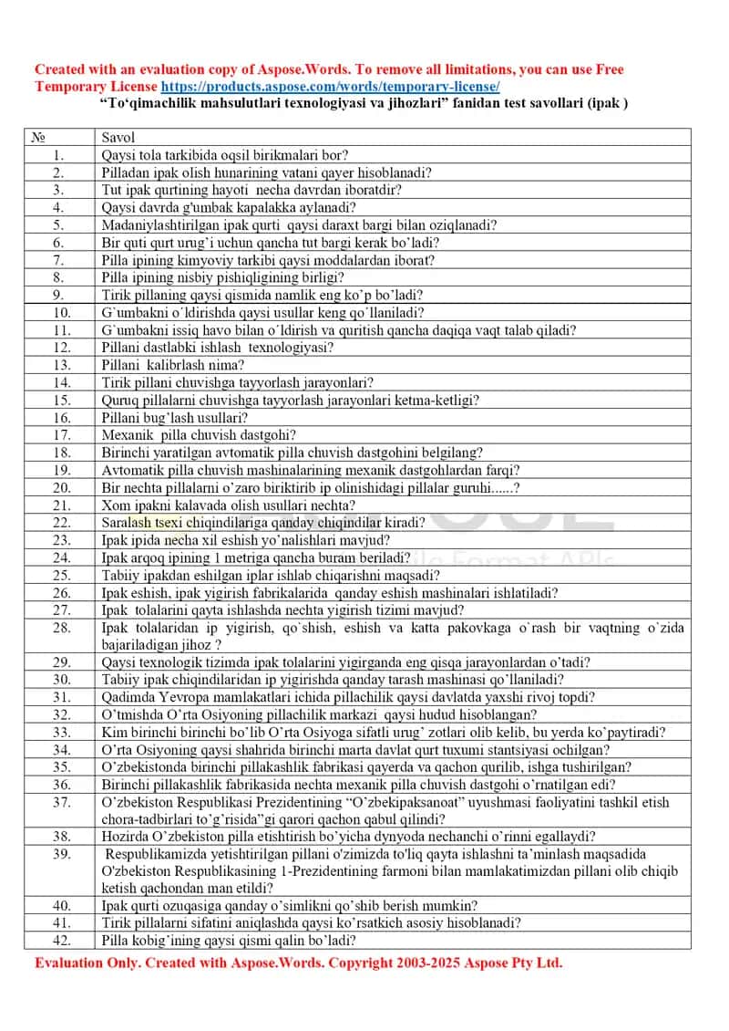 “To‘qimachilik mahsulotlari texnologiyasi va jihozlari” fanidan test savollari (ipak)