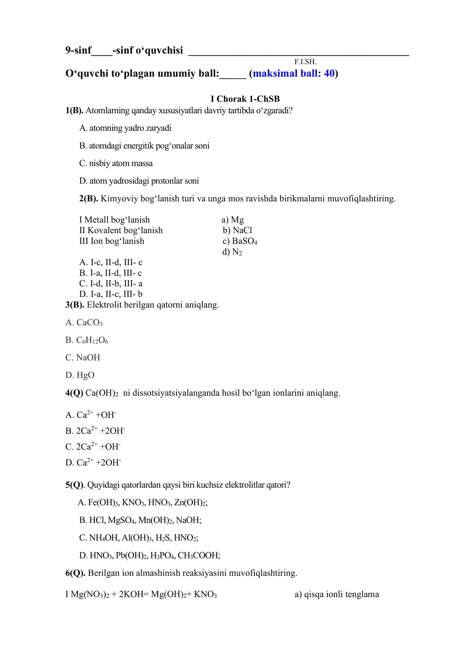 9-sinf Kimyo sinovlari (9th Grade Chemistry Tests)