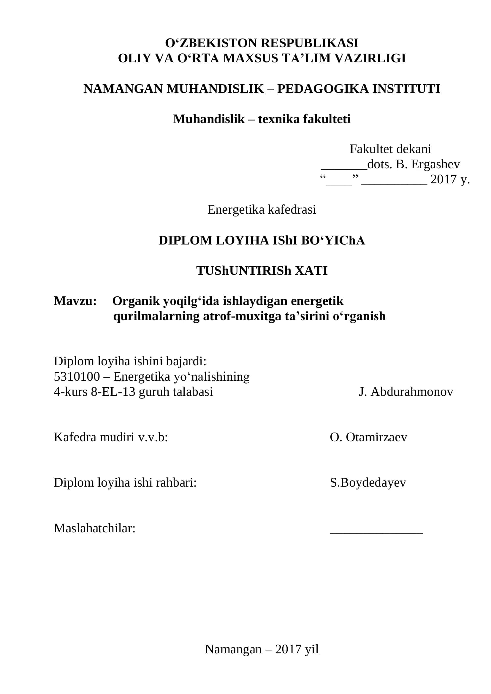 Organik yoqilg‘ida ishlaydigan energetik qurilmalarning atrof-muxitga ta’sirini o‘rganish