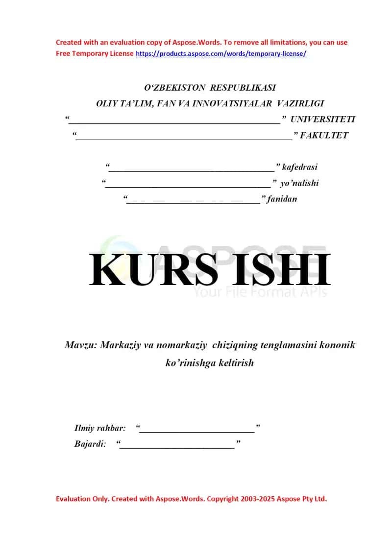 Markaziy va nomarkaziy  chiziqning tenglamasini kononik ko’rinishga keltirish kurs ishi