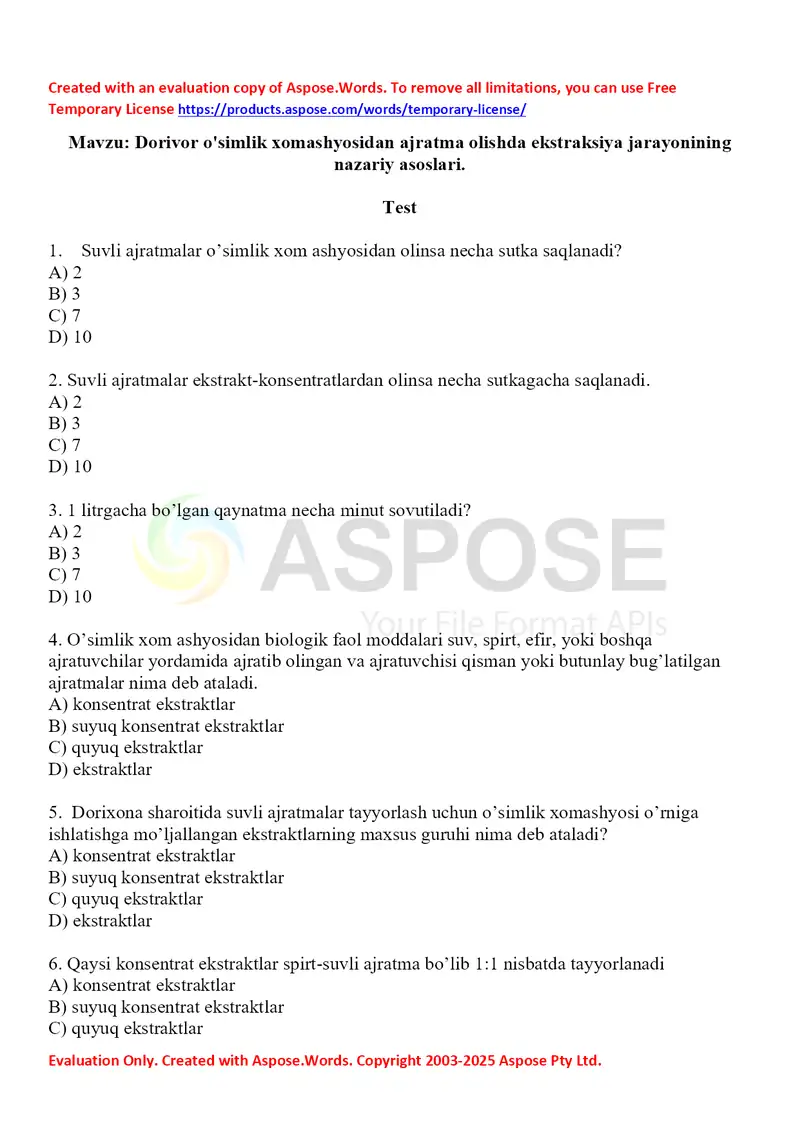 Dorivor o'simlik xomashyosidan ajratma olishda ekstraksiya jarayonining nazariy asoslari.Test 10 ta.