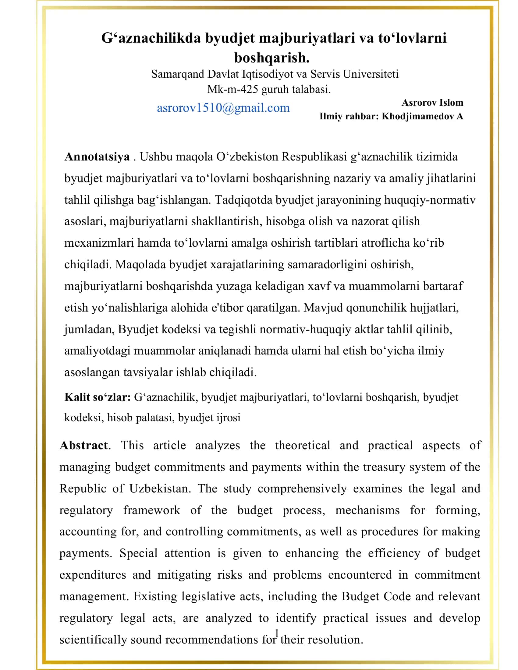 G‘aznachilikda byudjet majburiyatlari va to‘lovlarni boshqarish