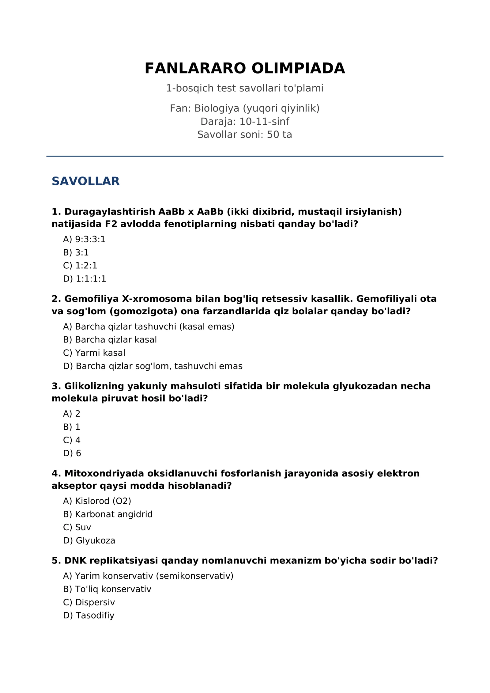 FANLARARO OLIMPIADA 1-bosqich test savollari to'plami