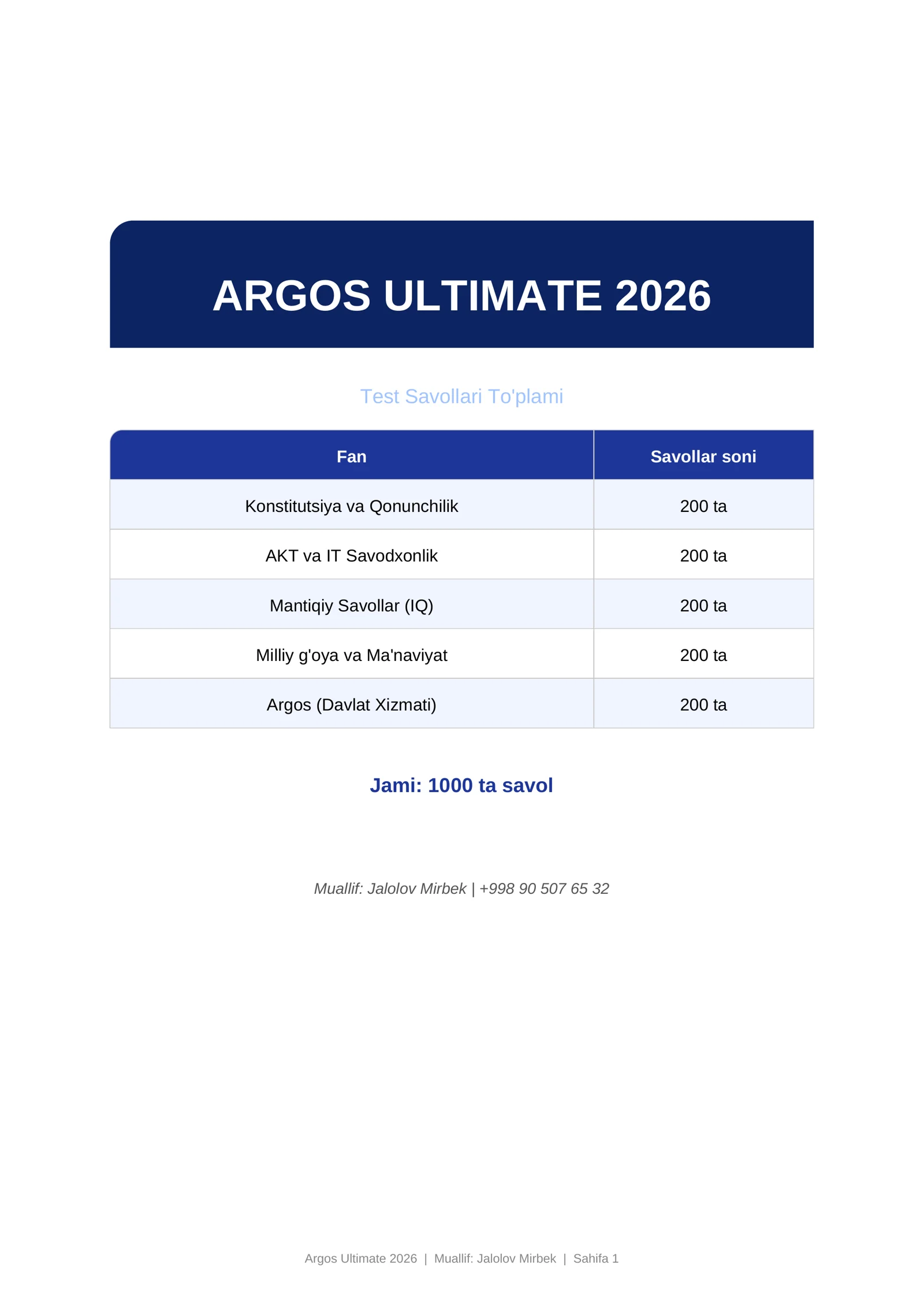 ARGOS ULTIMATE 2026 Test Savollari To'plami