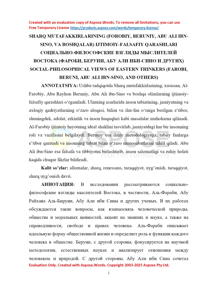SHARQ MUTAFAKKIRLARINING IJTIMOIY-FALSAFIY QARASHLARI