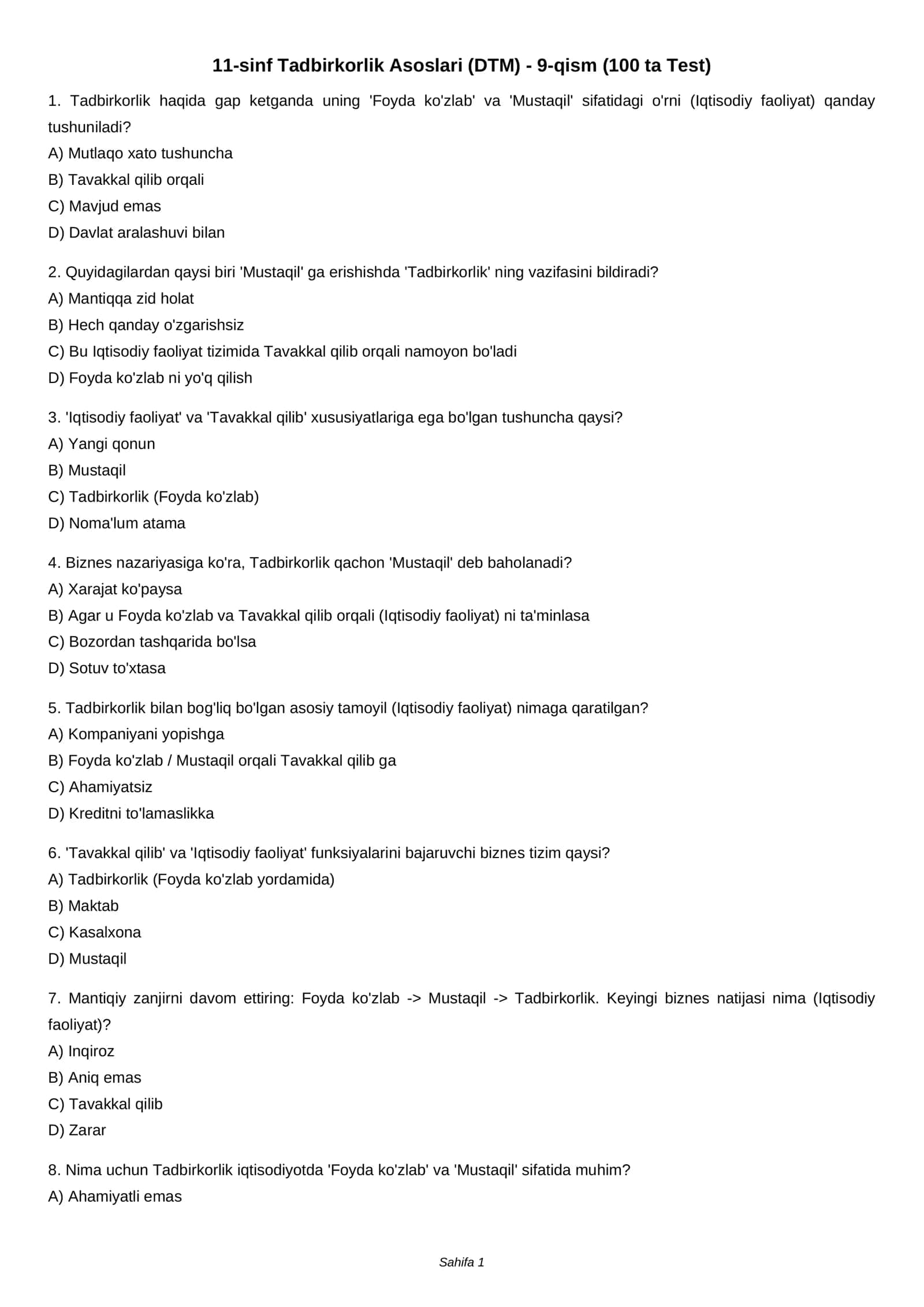 11-sinf Tadbirkorlik Asoslari (DTM) - 9-qism (100 ta Test)