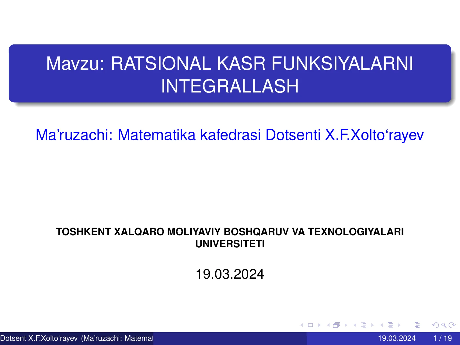 RATSIONAL KASR FUNKSIYALARNI INTEGRALLASH