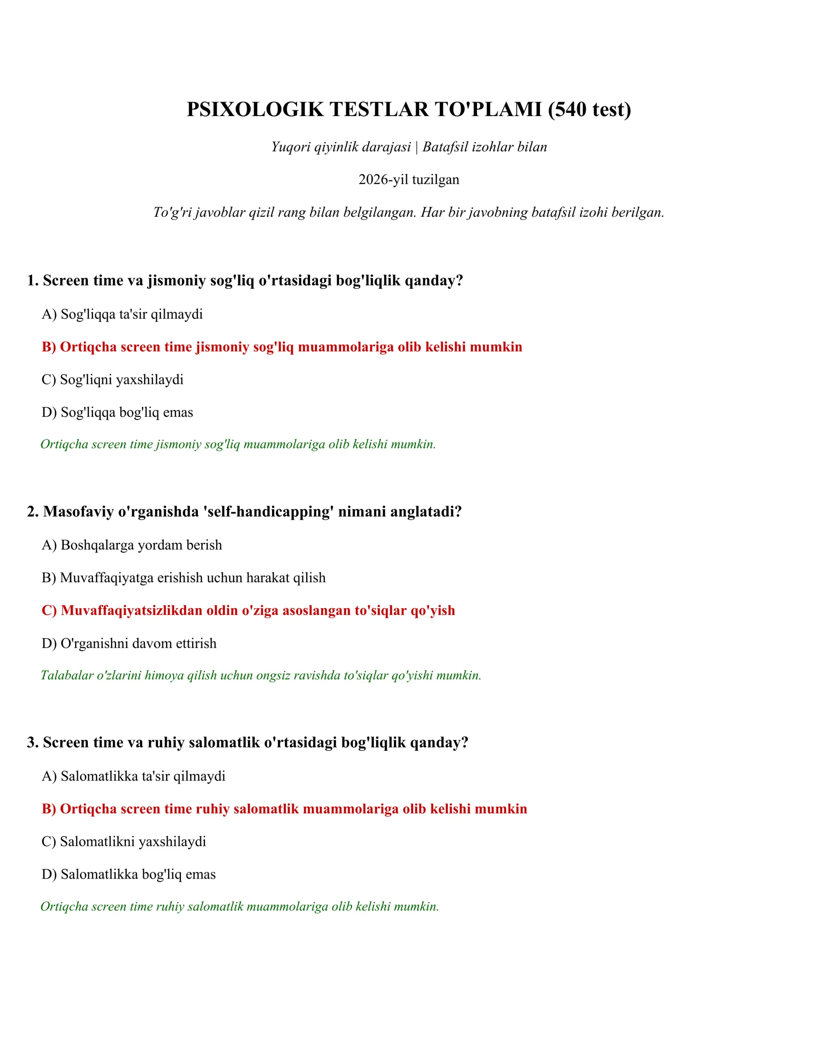 PSIXOLOGIK TESTLAR TO'PLAMI (540 test)