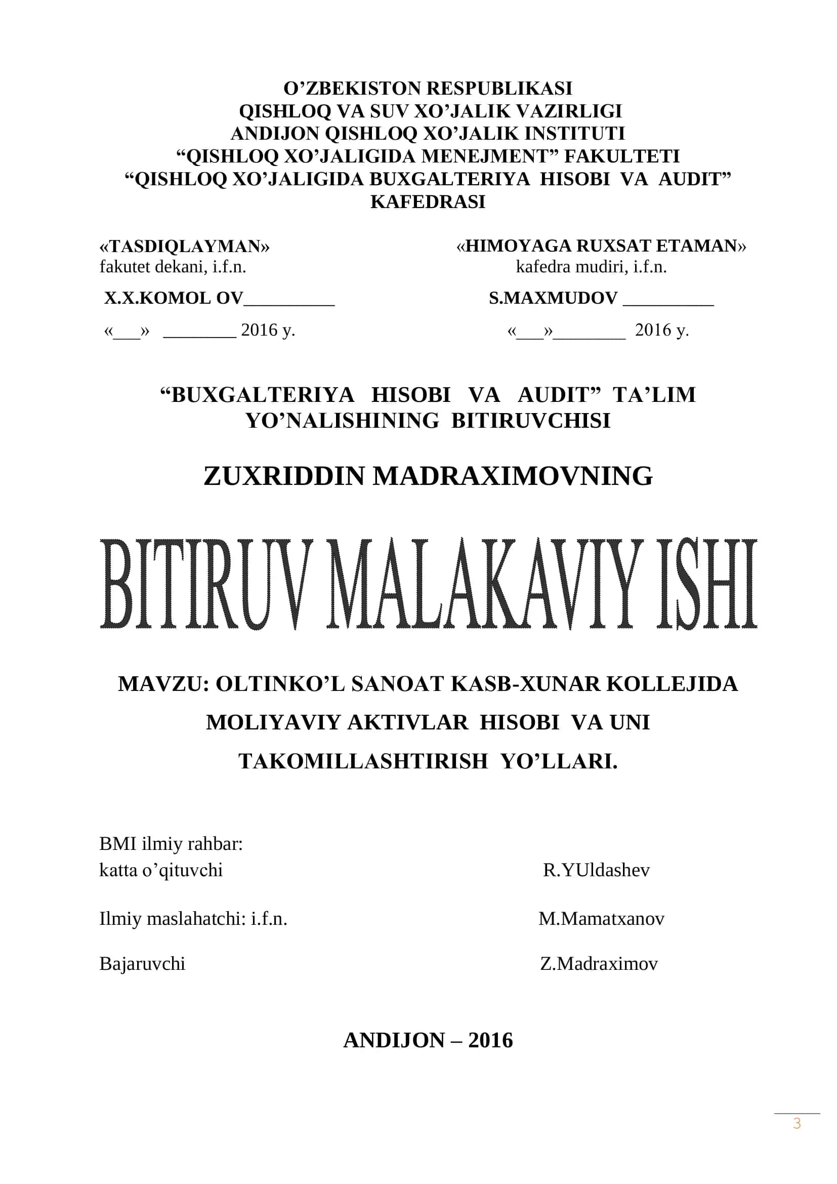 OLTINKO’L SANOAT KASB-XUNAR KOLLEJIDA MOLIYAVIY AKTIVLAR HISOBI VA UNI TAKOMILLASHTIRISH YO’LLARI
