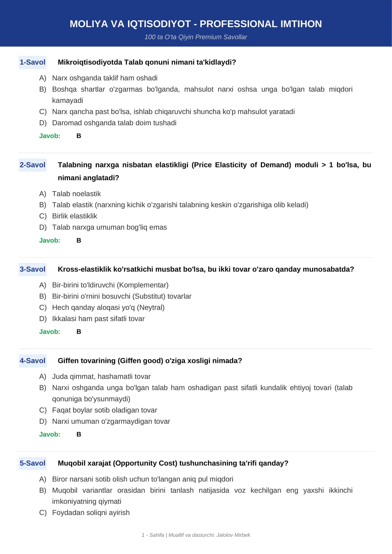Moliya va Iqtisodiyot – Professional Imtihon