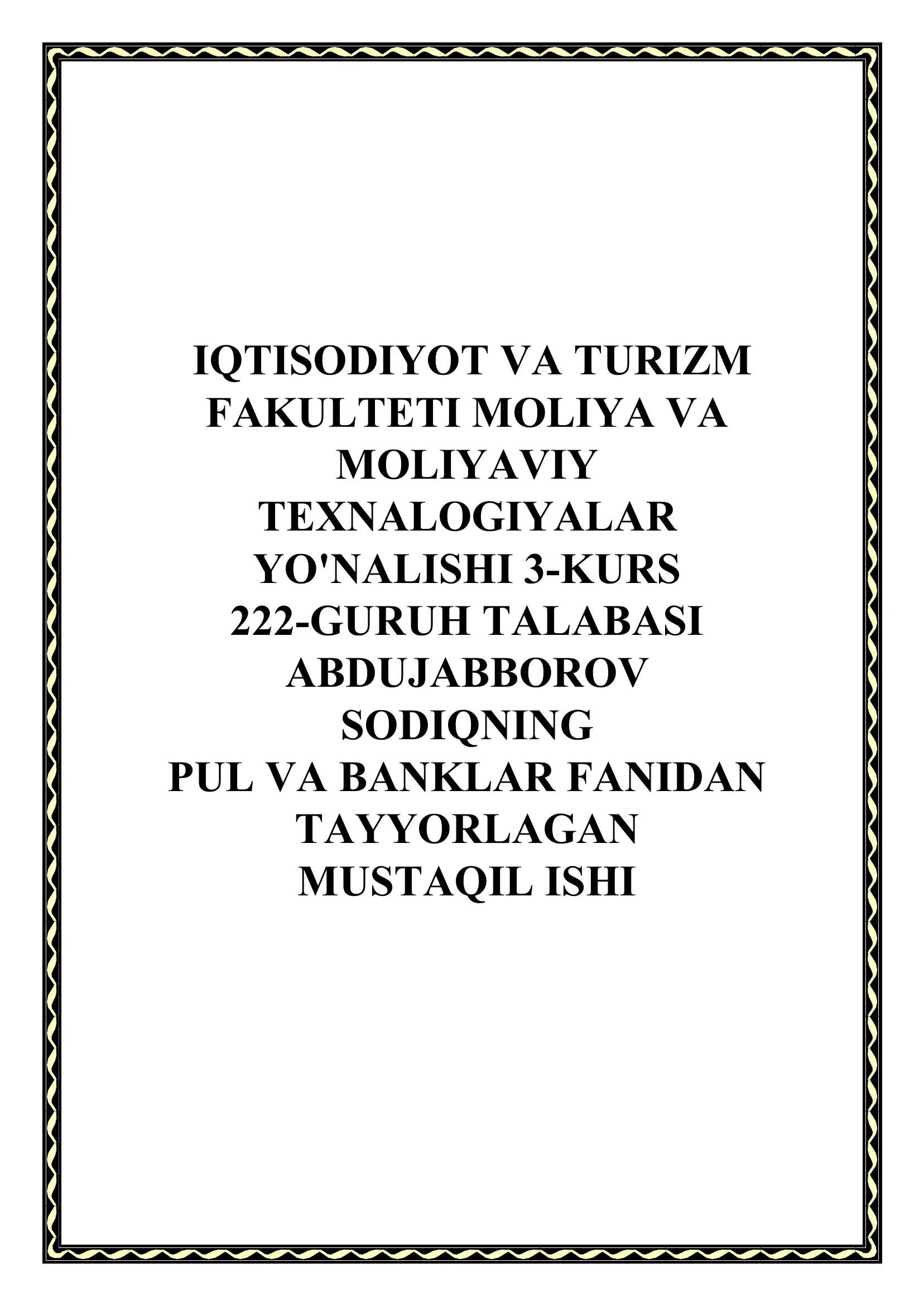 Pul va Banklar Fanidan Tayyorlagan Mustaqil Ishi