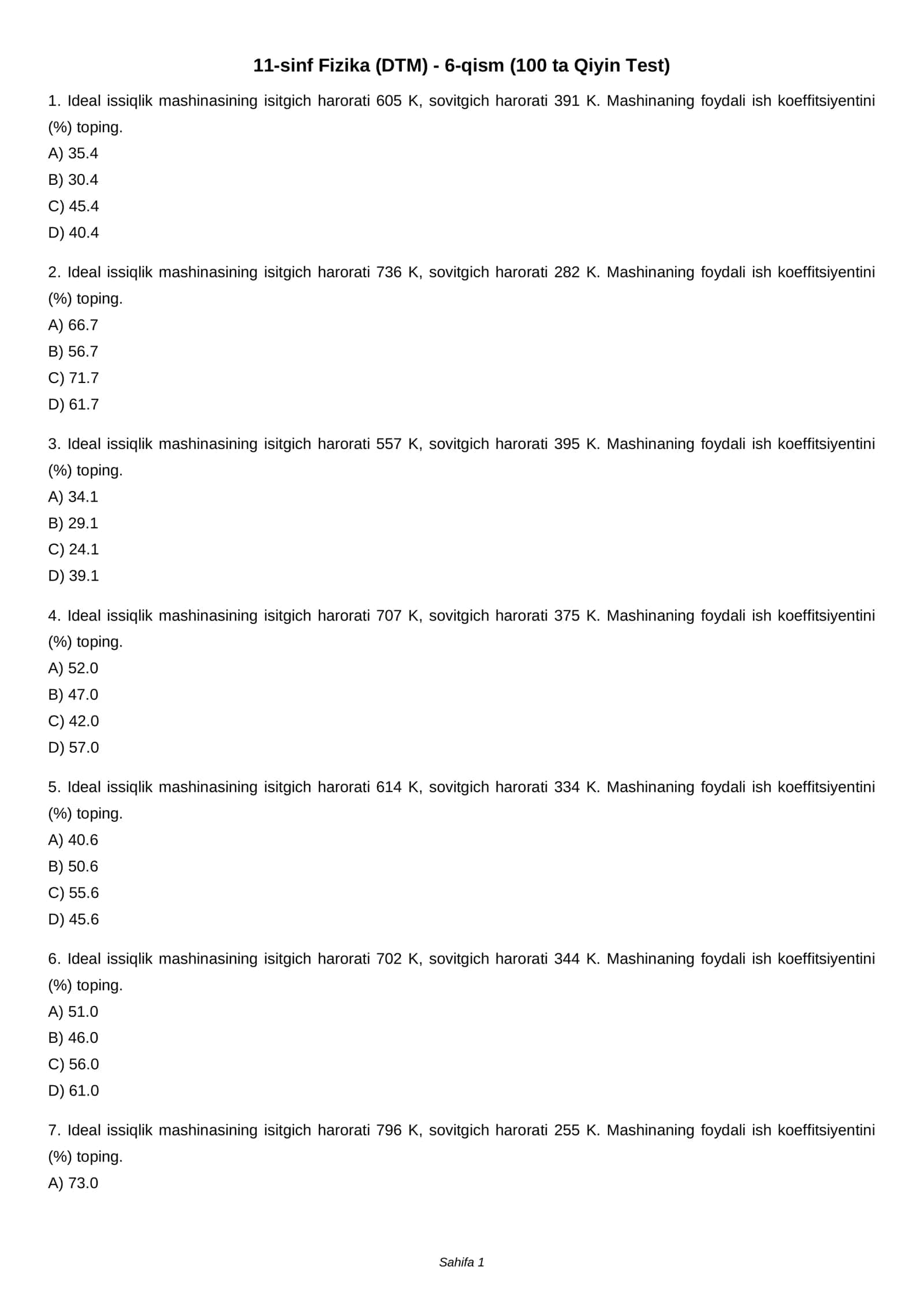11-sinf Fizika (DTM) - 6-qism (100 ta Qiyin Test)