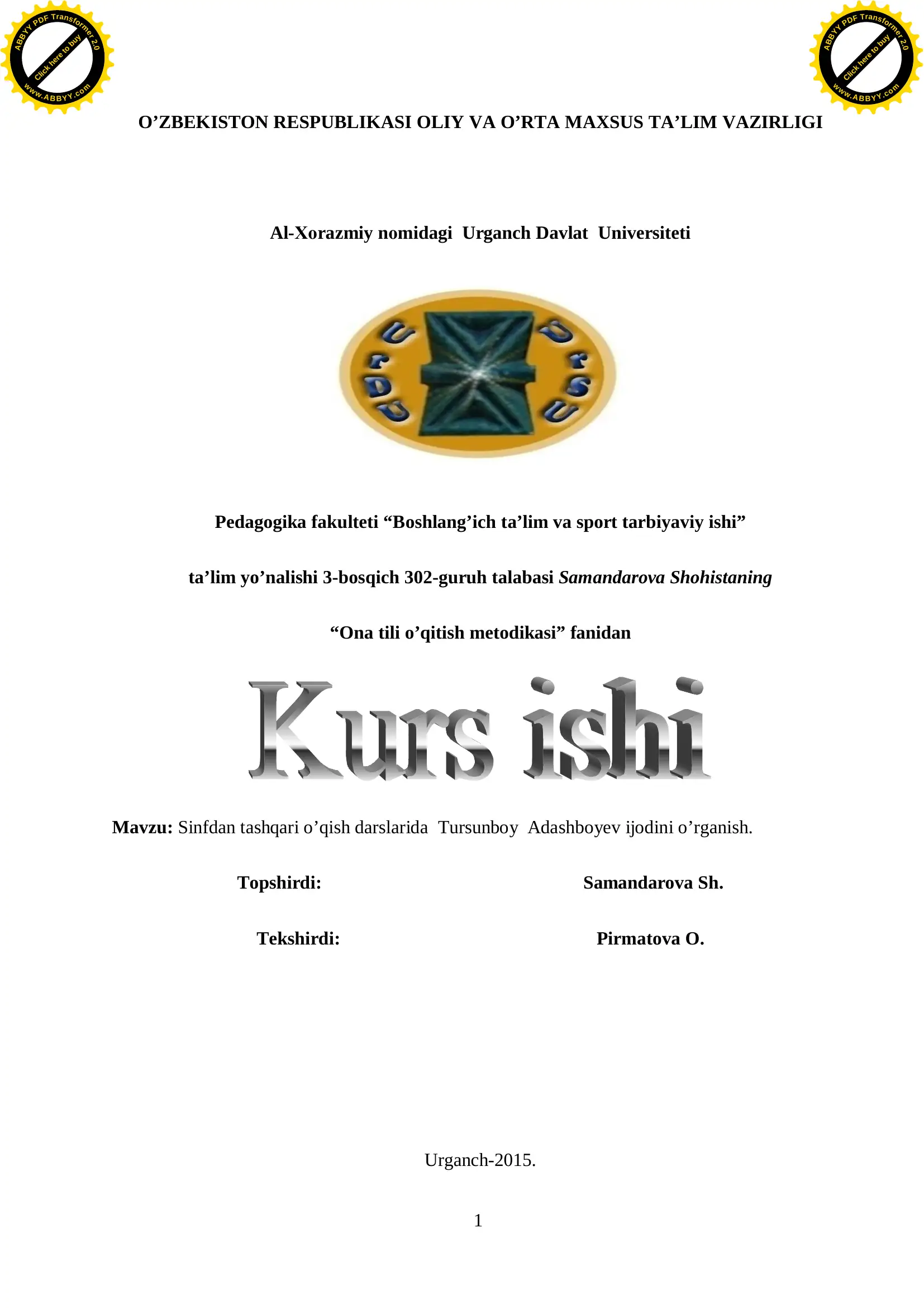 Sinfdan tashqari o’qish darslarida Tursunboy Adashboyev ijodini o’rganish
