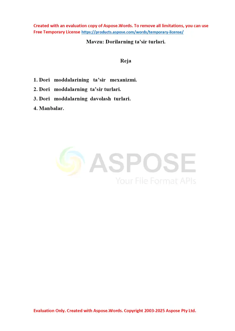 Dorilarning ta'sir turlari. Referat 6 bet.