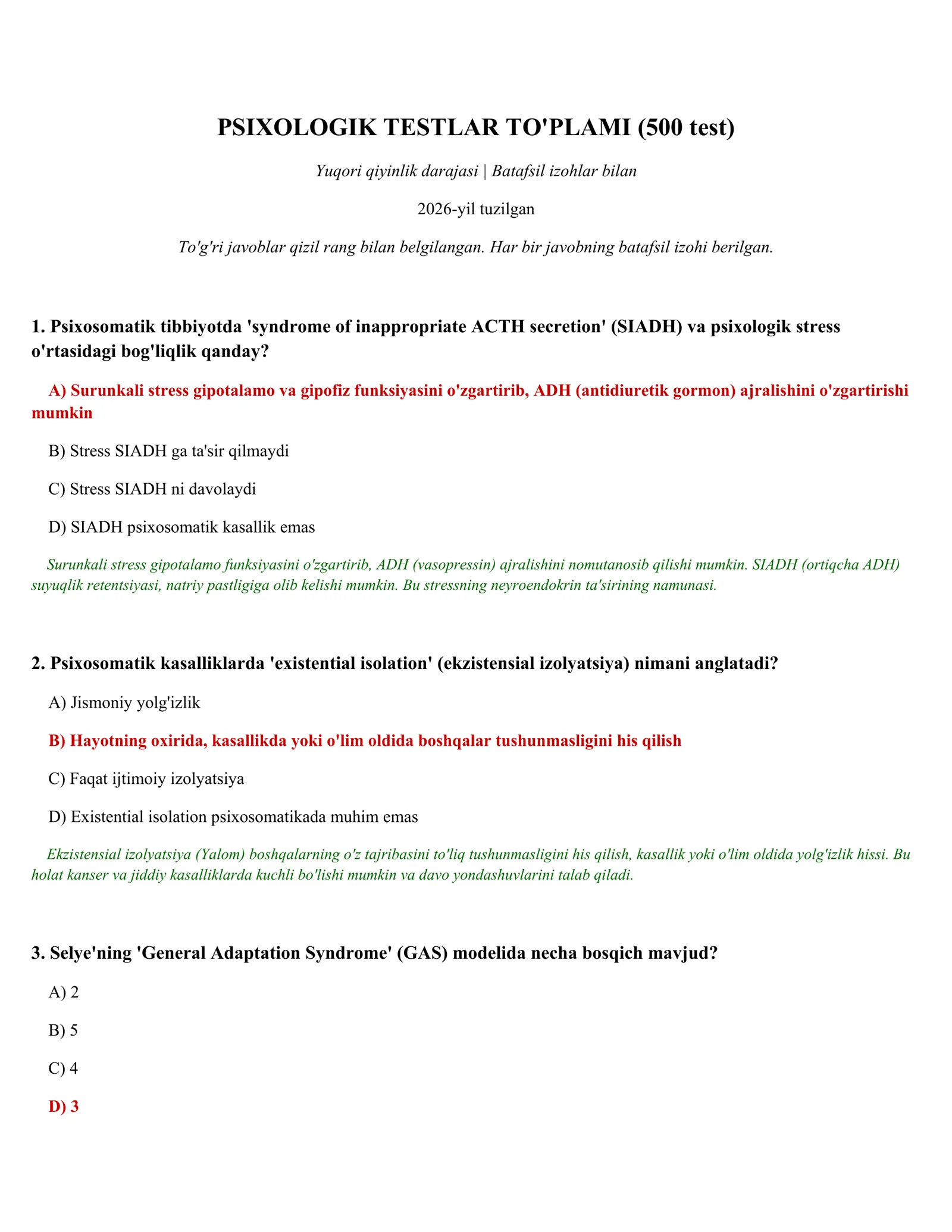 PSIXOLOGIK TESTLAR TO'PLAMI (500 test)