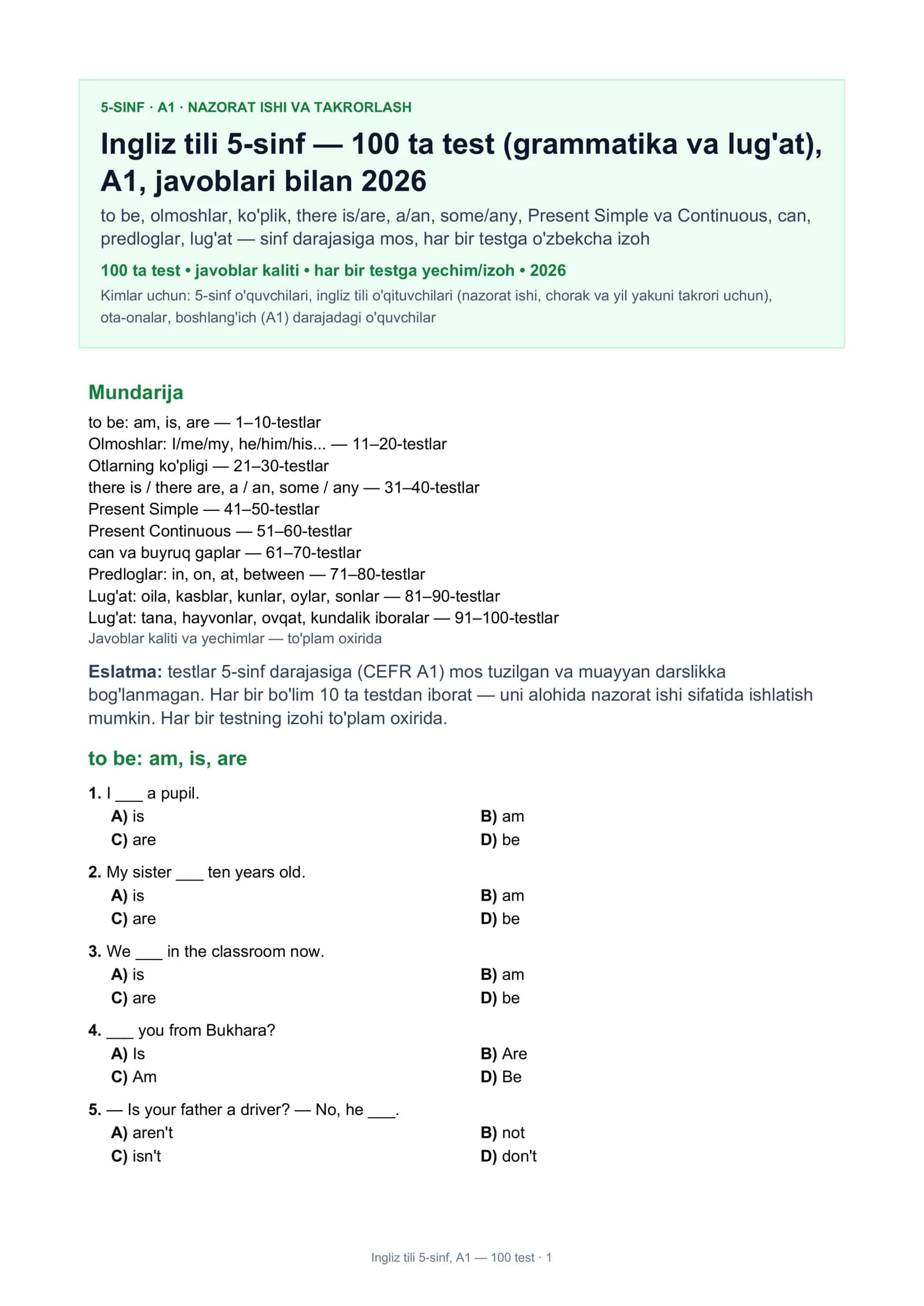 Ingliz tili 5-sinf, A1 — 100 test · 1