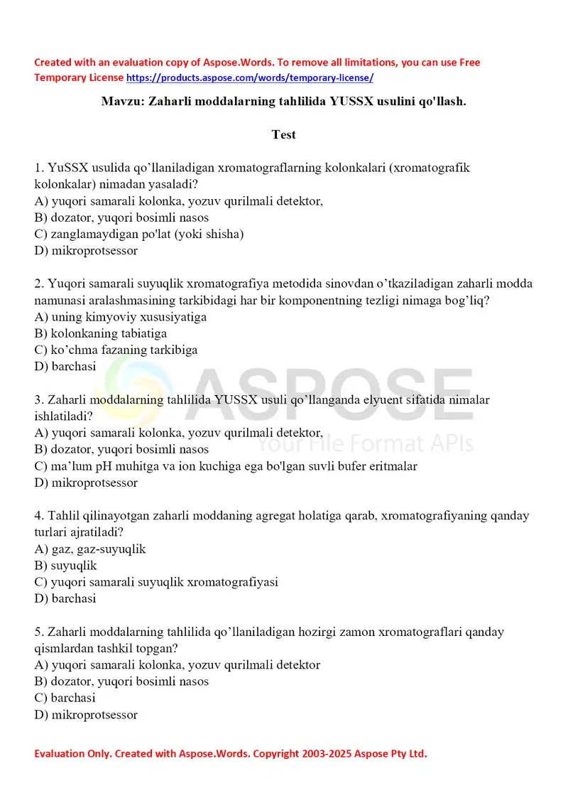 5. Zaharli moddalarning tahlilida YUSSX usulini qo'llash. Test 15 ta