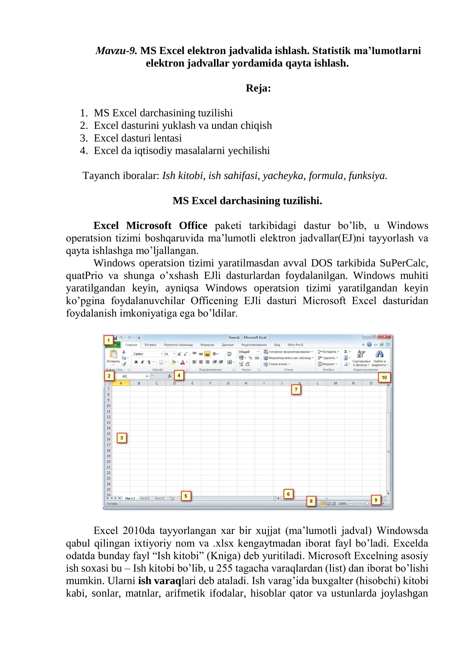 MS Excel elektron jadvalida ishlash. Statistik ma’lumotlarni elektron jadvallar yordamida qayta ishlash