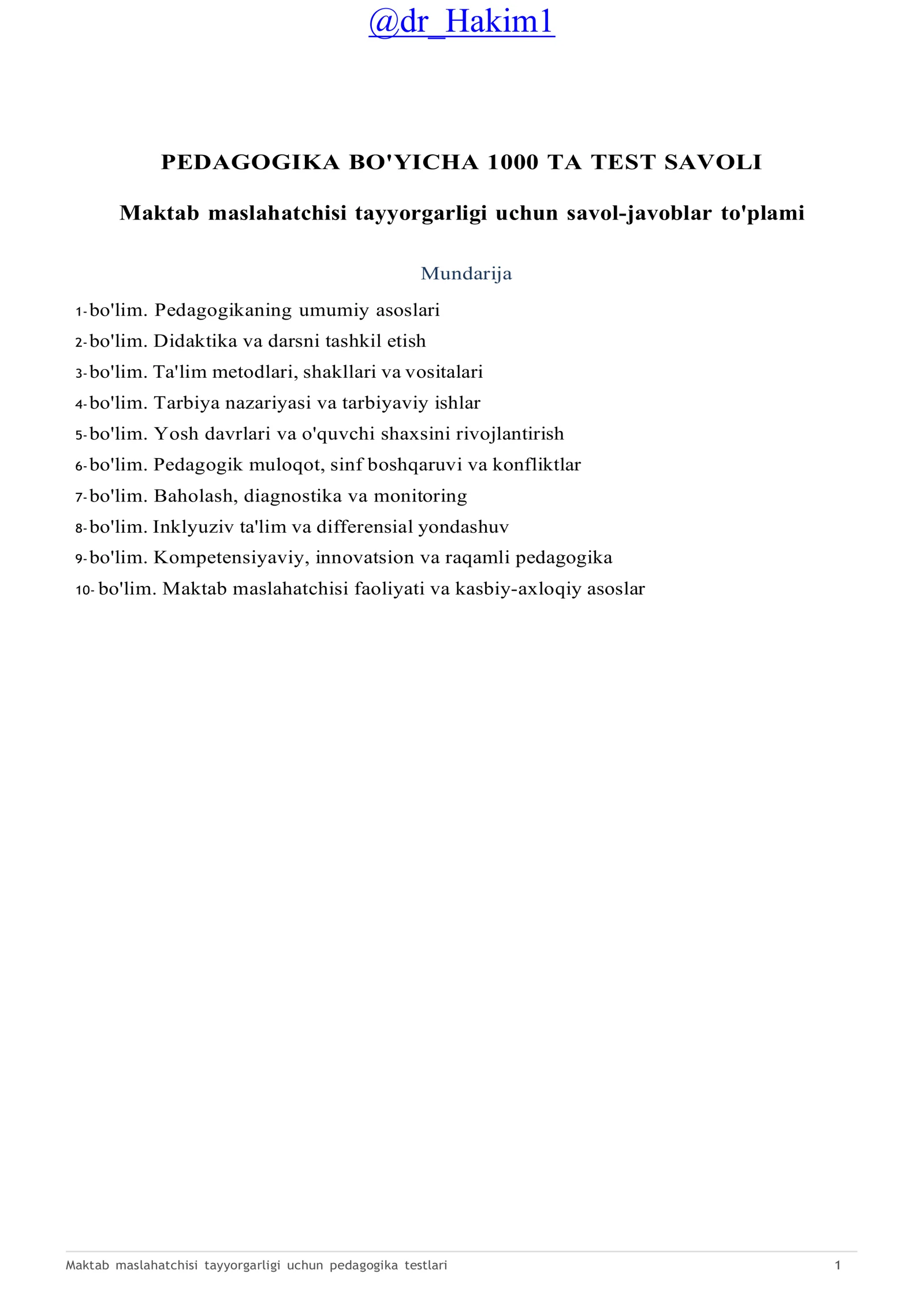Maktab maslahatchisi tayyorgarligi uchun pedagogika testlari