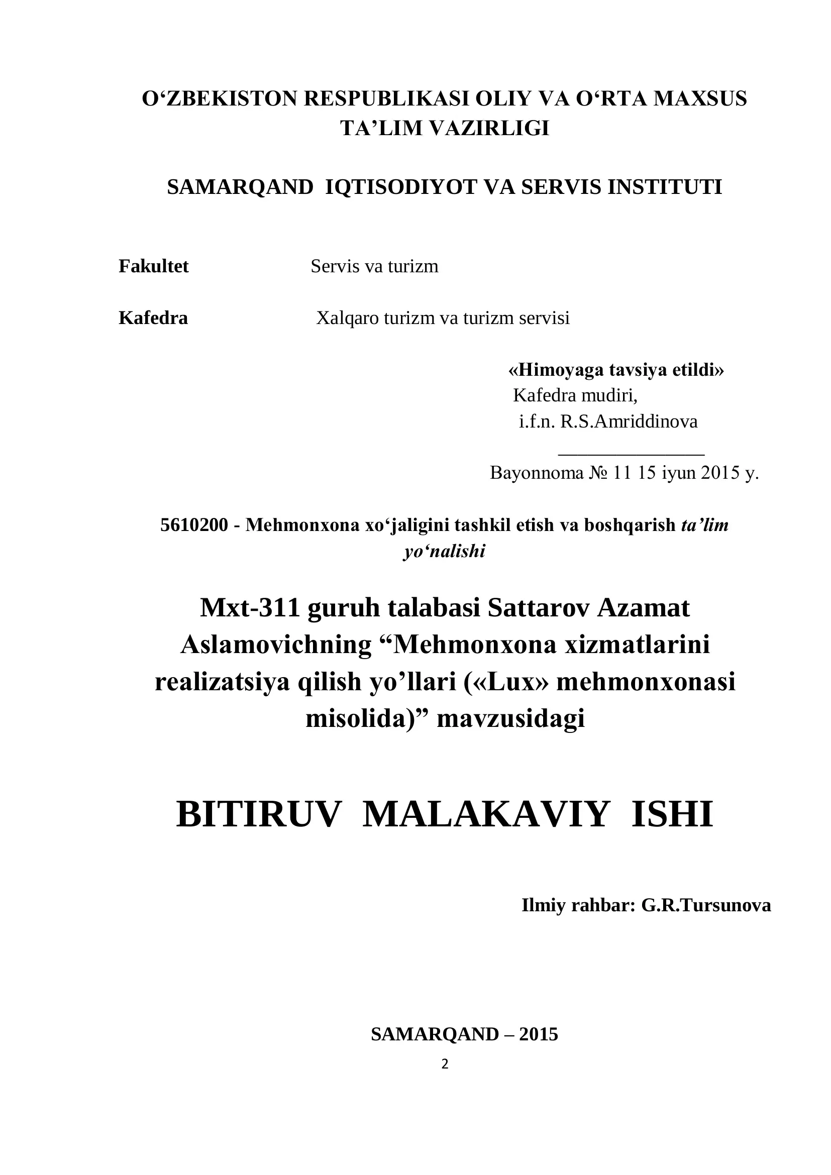 Mehmonxona xizmatlarini realizatsiya qilish yo’llari («Lux» mehmonxonasi misolida)