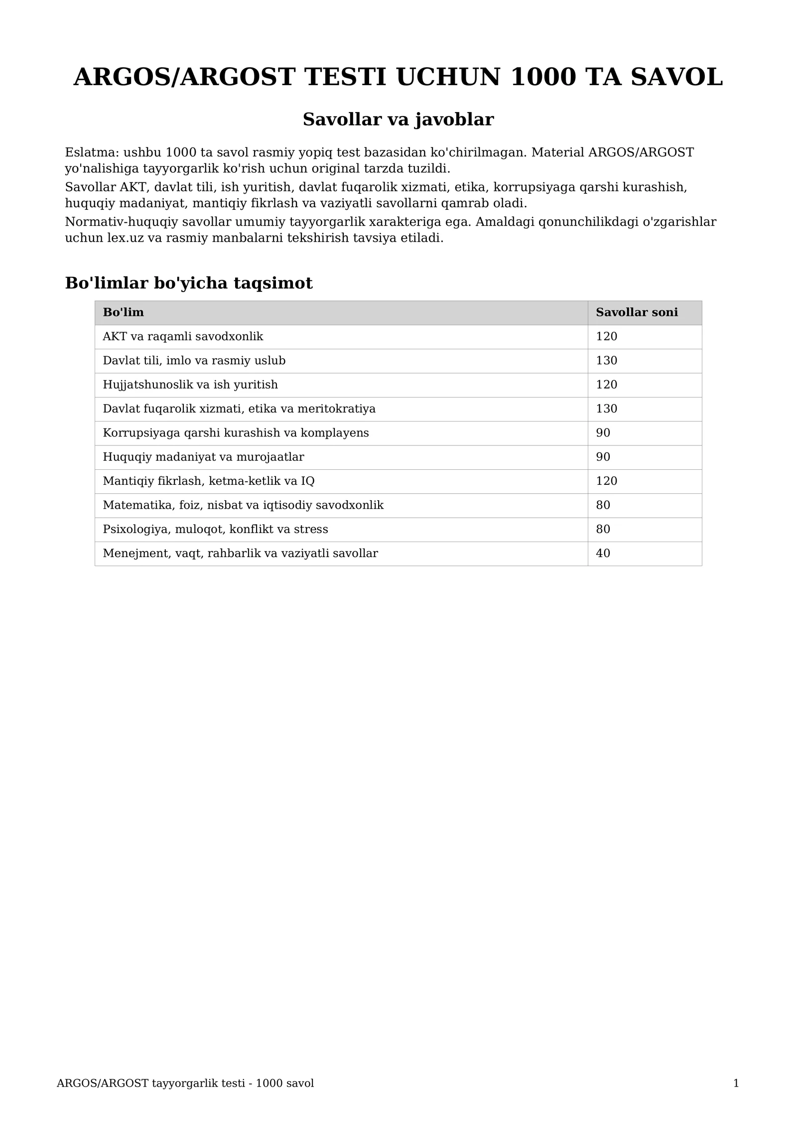ARGOS/ARGOST tayyorgarlik testi - 1000 savollarga javobi bilan. Argost testi