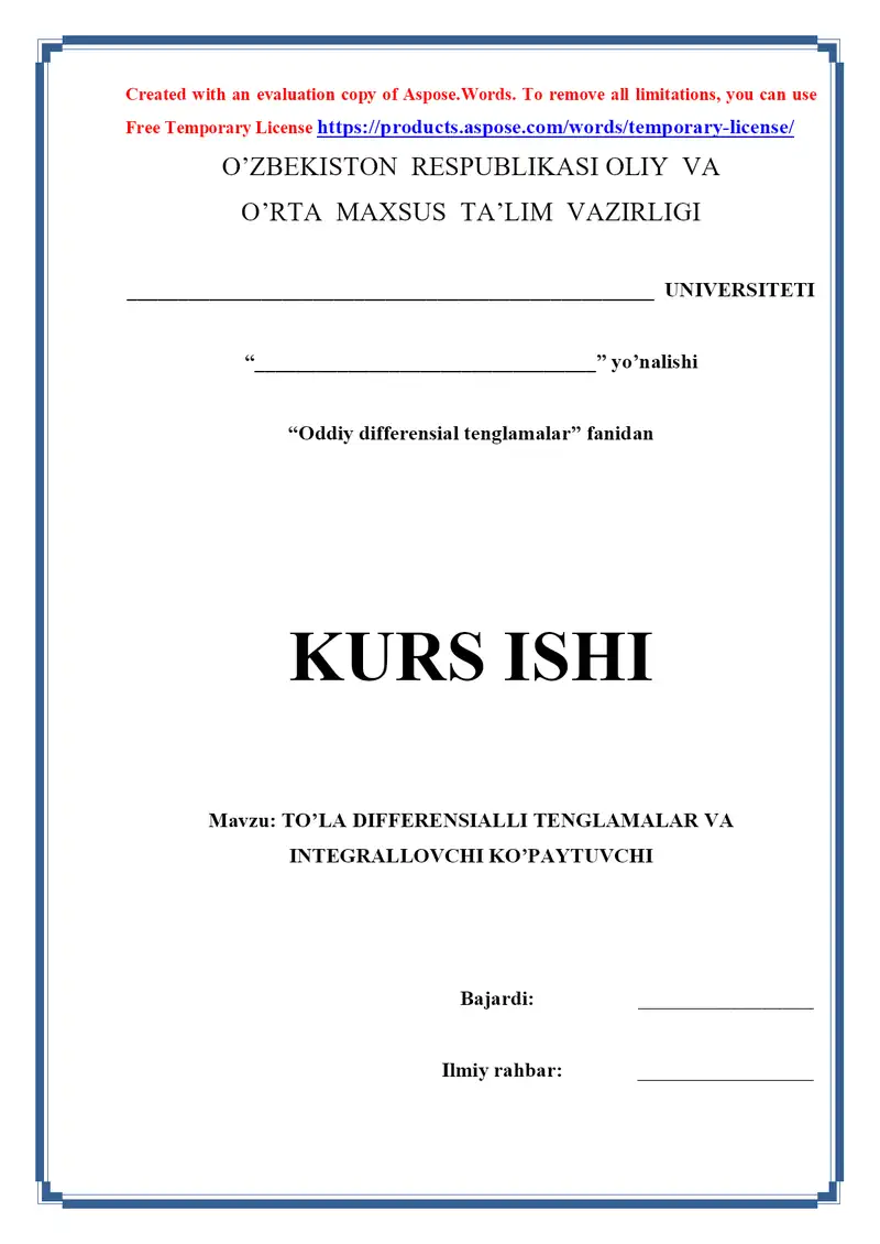 To’la differensialli tenglamalar va integrallovchi ko’paytuvchi