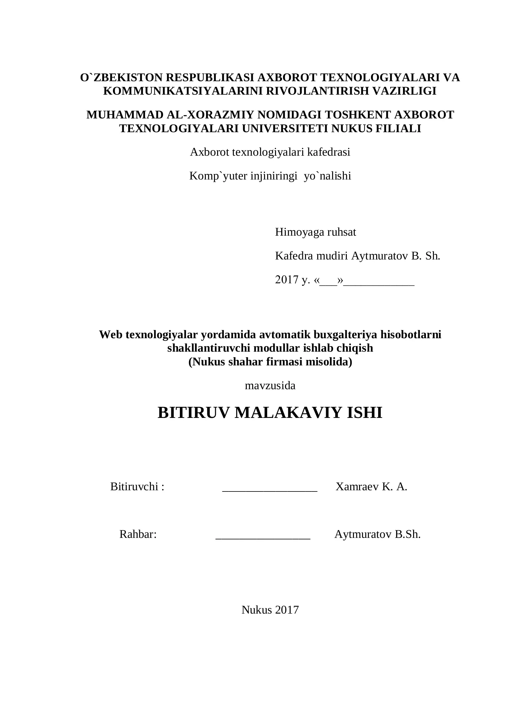Web texnologiyalar yordamida avtomatik buxgalteriya hisobotlarni shakllantiruvchi modullar ishlab chiqish