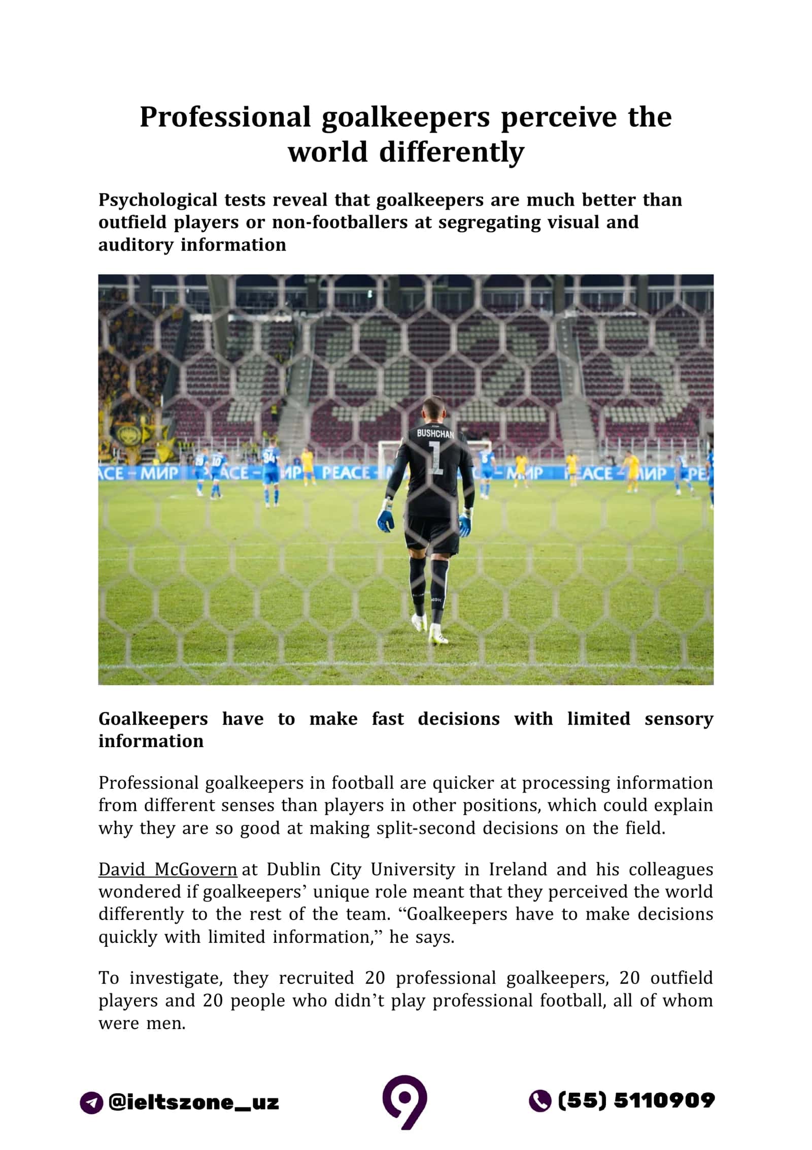 Professional Goalkeepers' Perception of the World