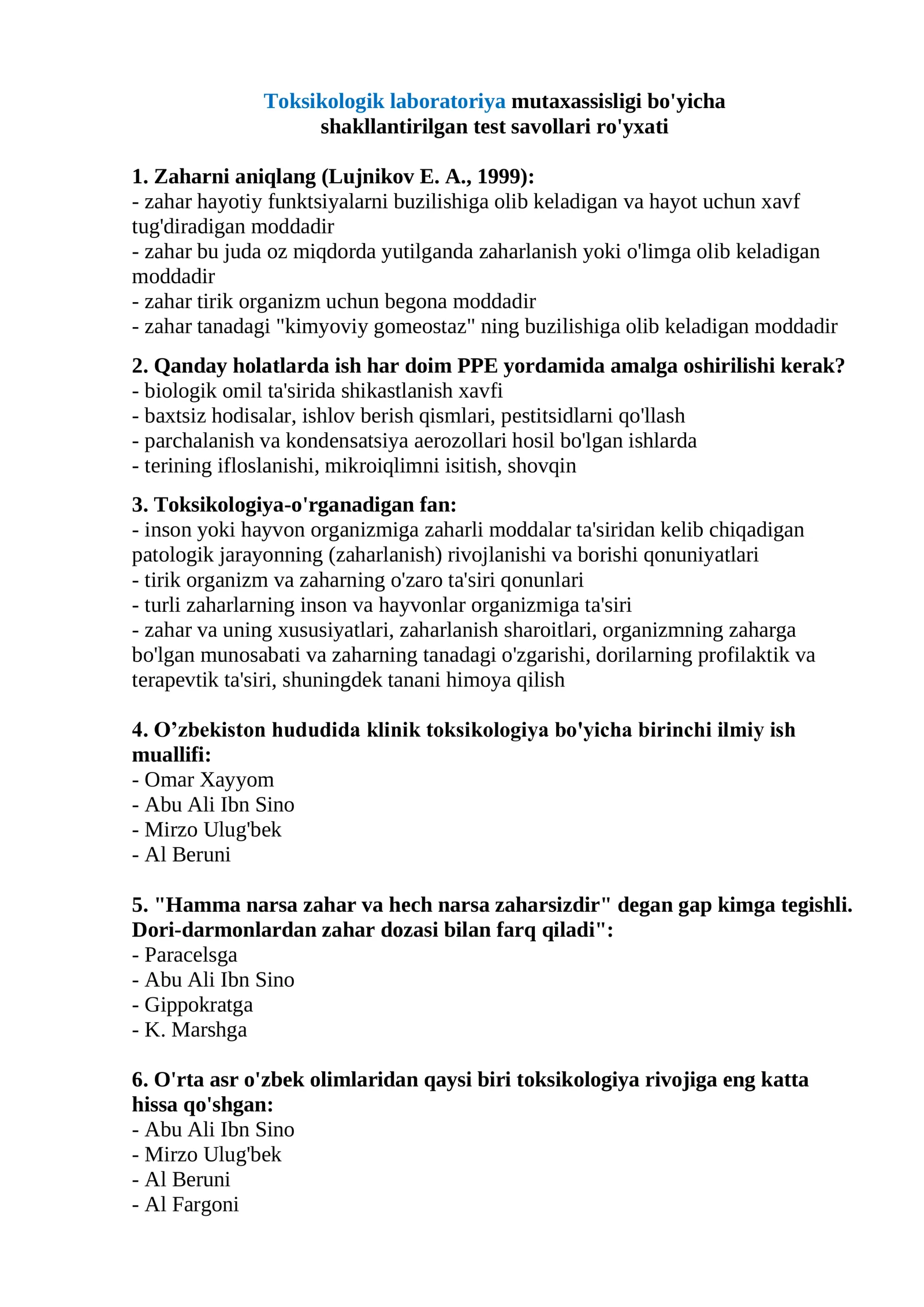 Toksikologik laboratoriya mutaxassisligi bo'yicha shakllantirilgan test savollari ro'yxati