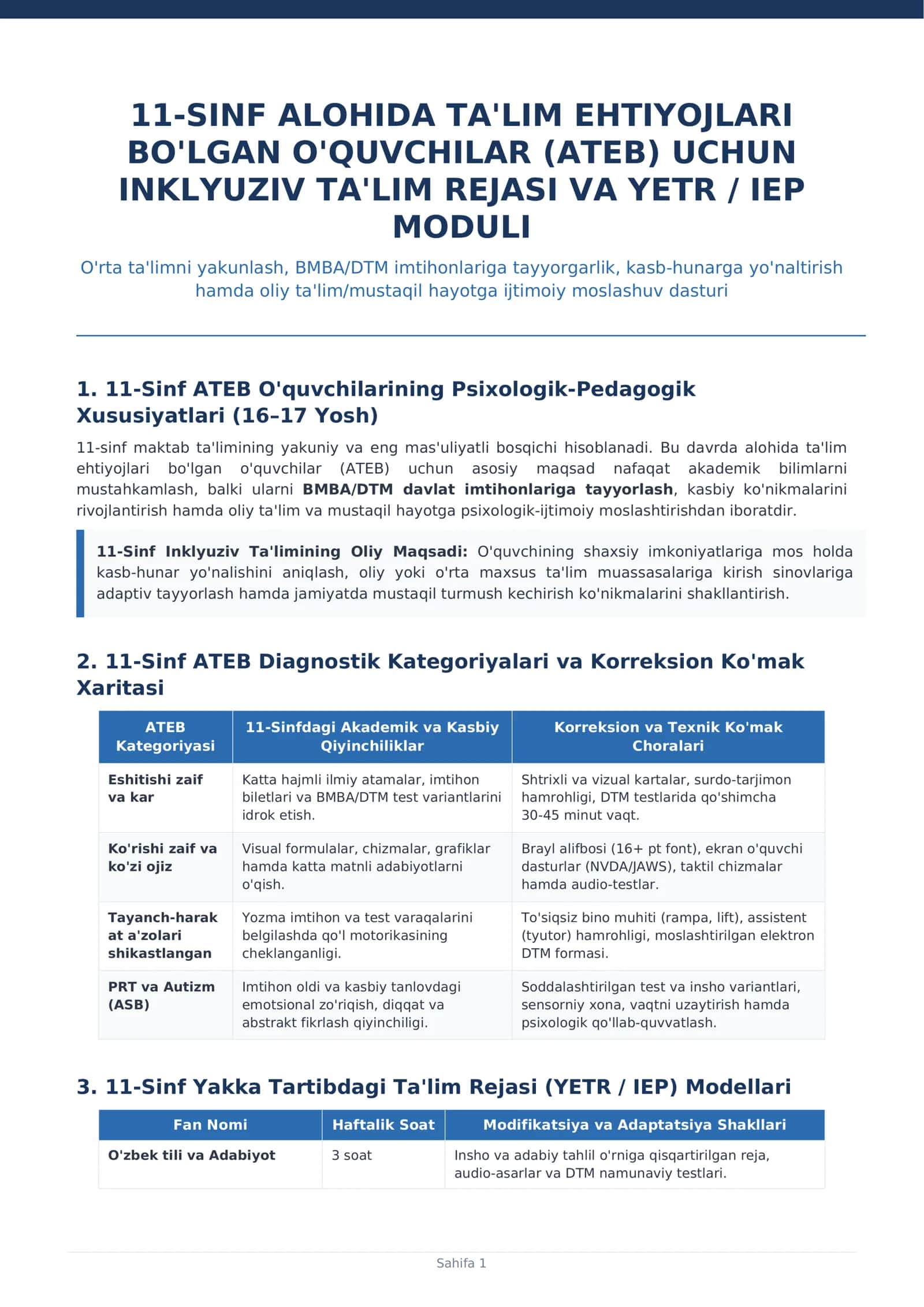 11-SINF ALOHIDA TA'LIM EHTIYOJLARI BO'LGAN O'QUVCHILAR (ATEB) UCHUN INKLYUZIV TA'LIM REJASI VA YETR / IEP MODULI