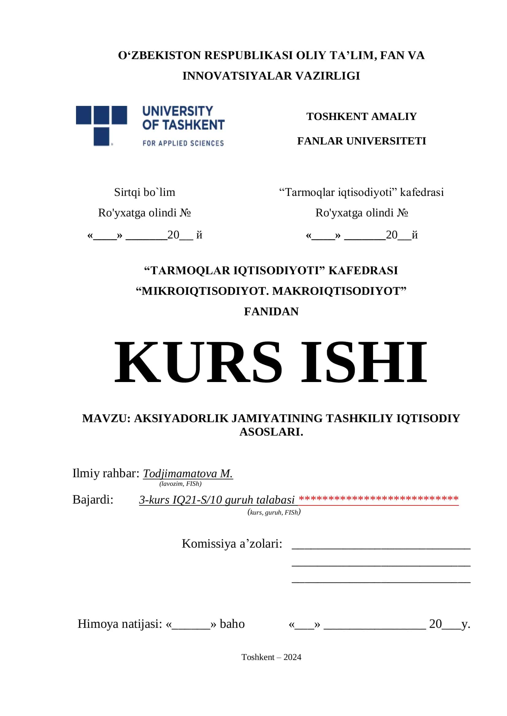 Kurs ishi AKSIYADORLIK JAMIYATINING TASHKILIY IQTISODIY  ASOSLARI.
