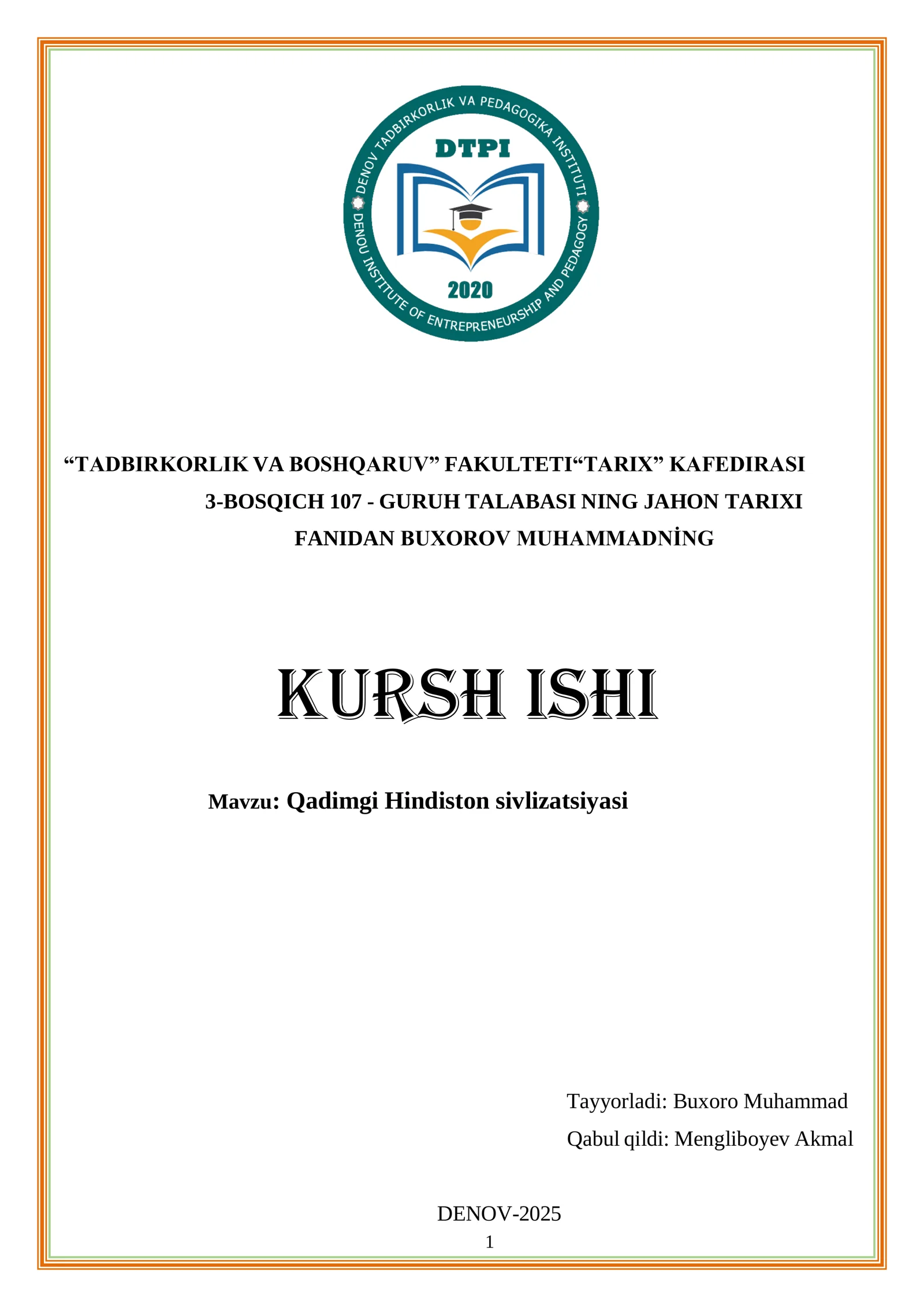 Qadimgi Hindiston sivilizatsiyasi kurs ishi