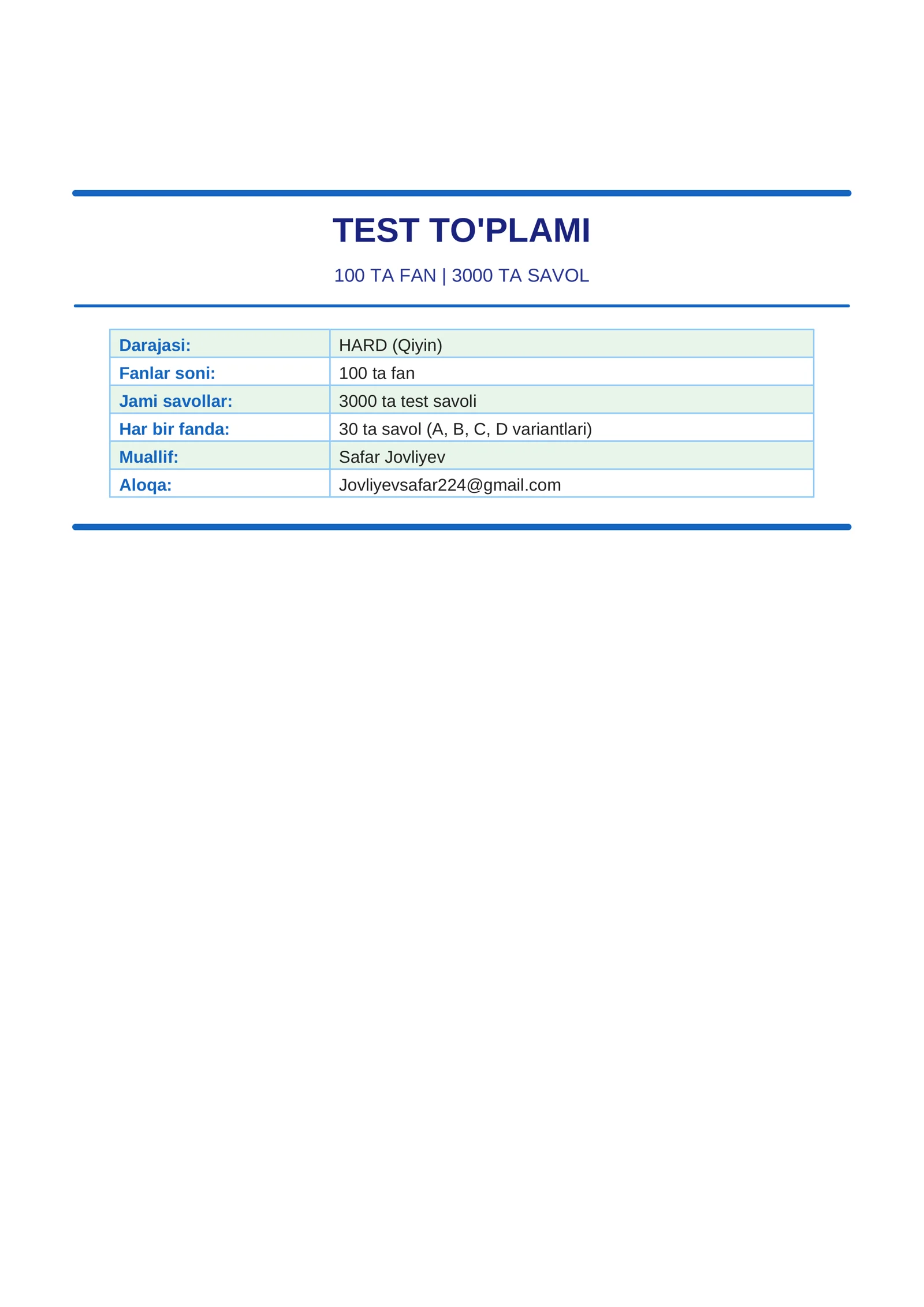 BARCHA FANLARDAN TEST TO'PLAMI