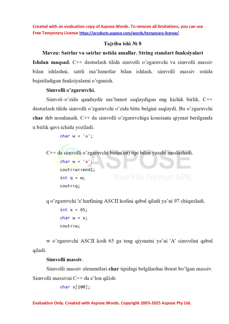 Satrlar va satrlar ustida amallar. String standart funksiyalari