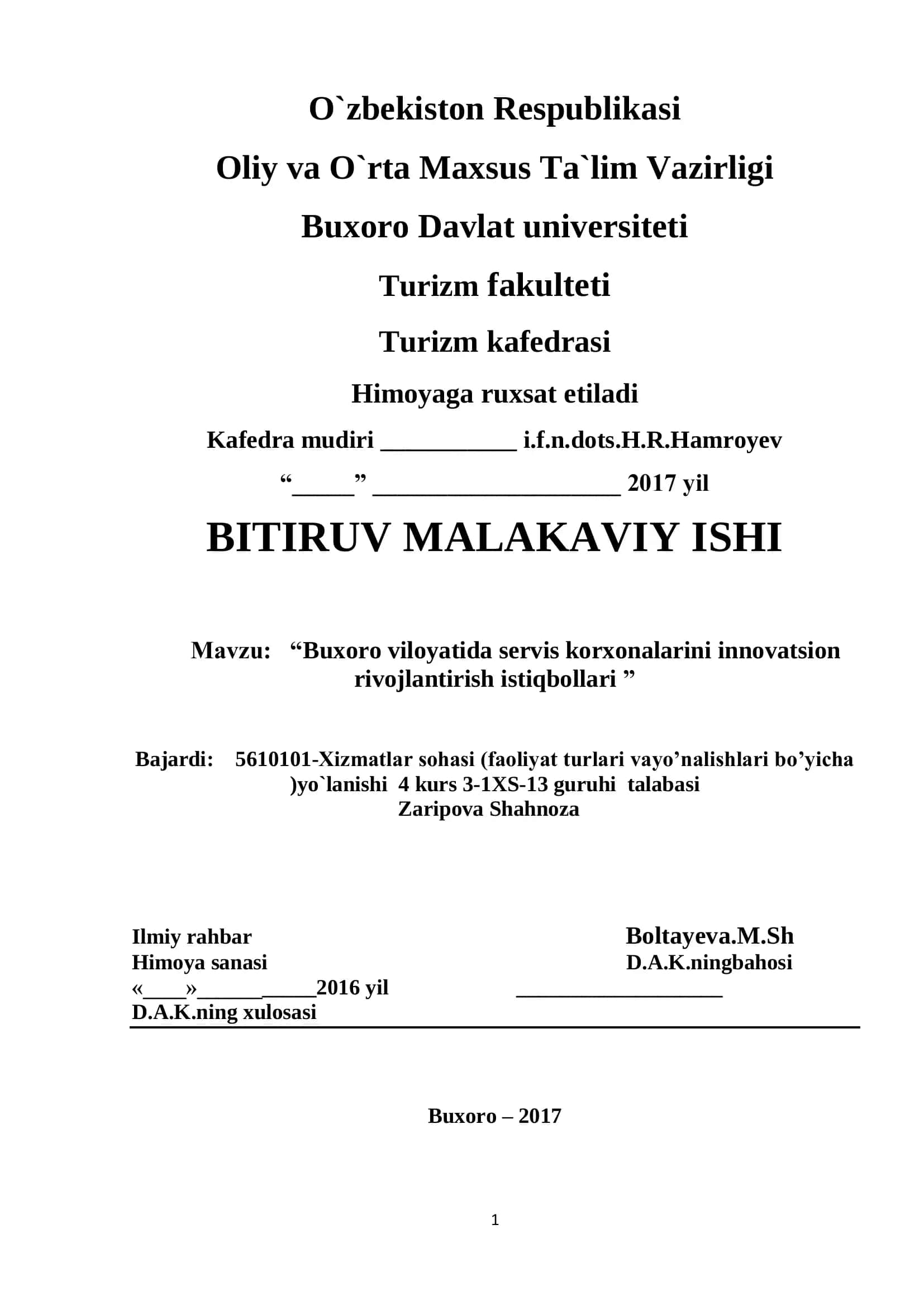 Buxoro viloyatida servis korxonalarini innovatsion rivojlantirish istiqbollari