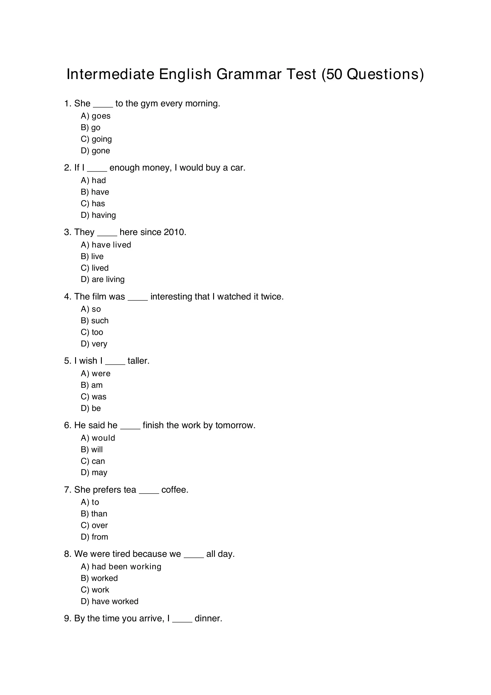Intermediate English Grammar Test (50 Questions)