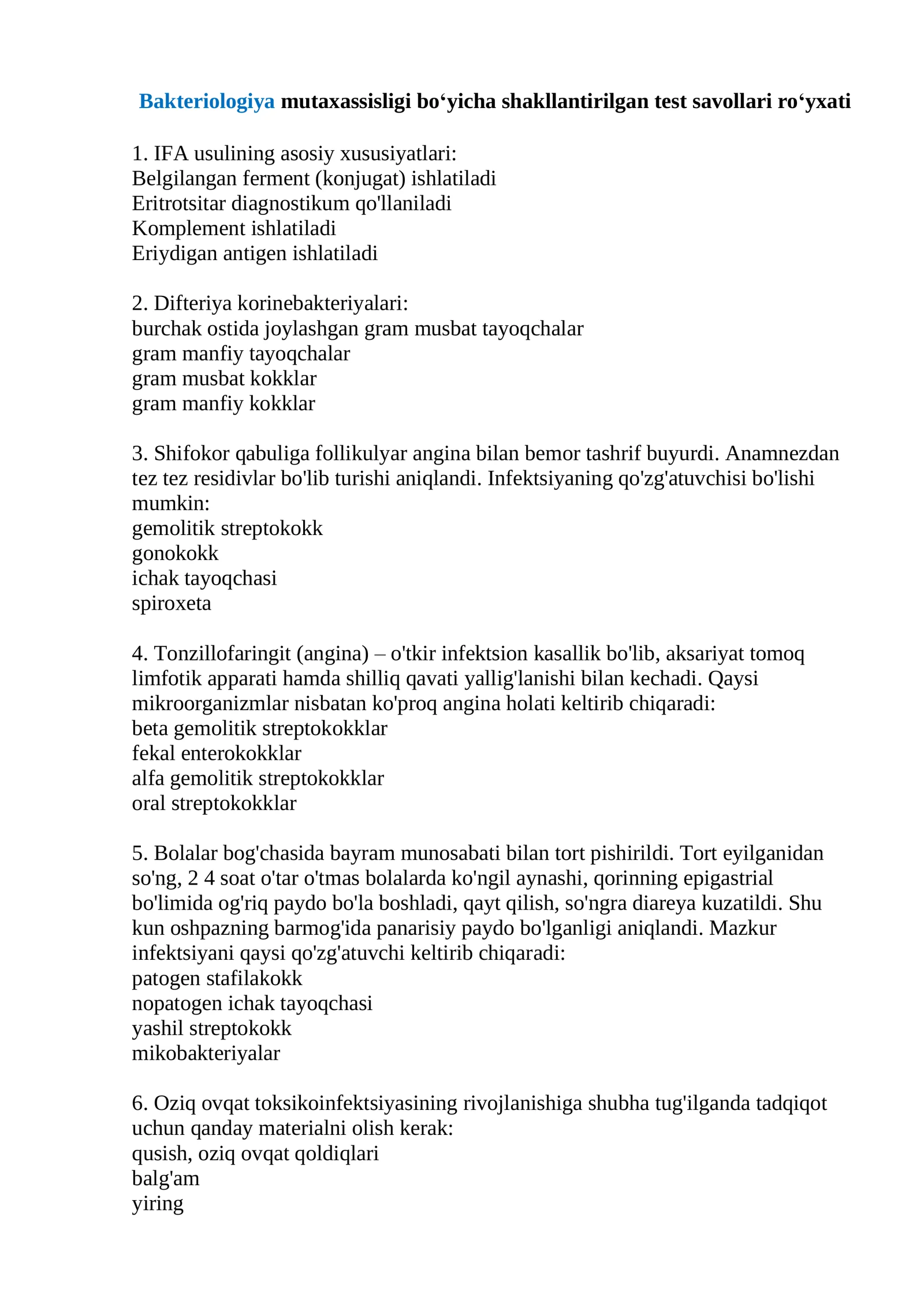 Bakteriologiya mutaxassisligi bo‘yicha shakllantirilgan test savollari ro‘yxati 2026