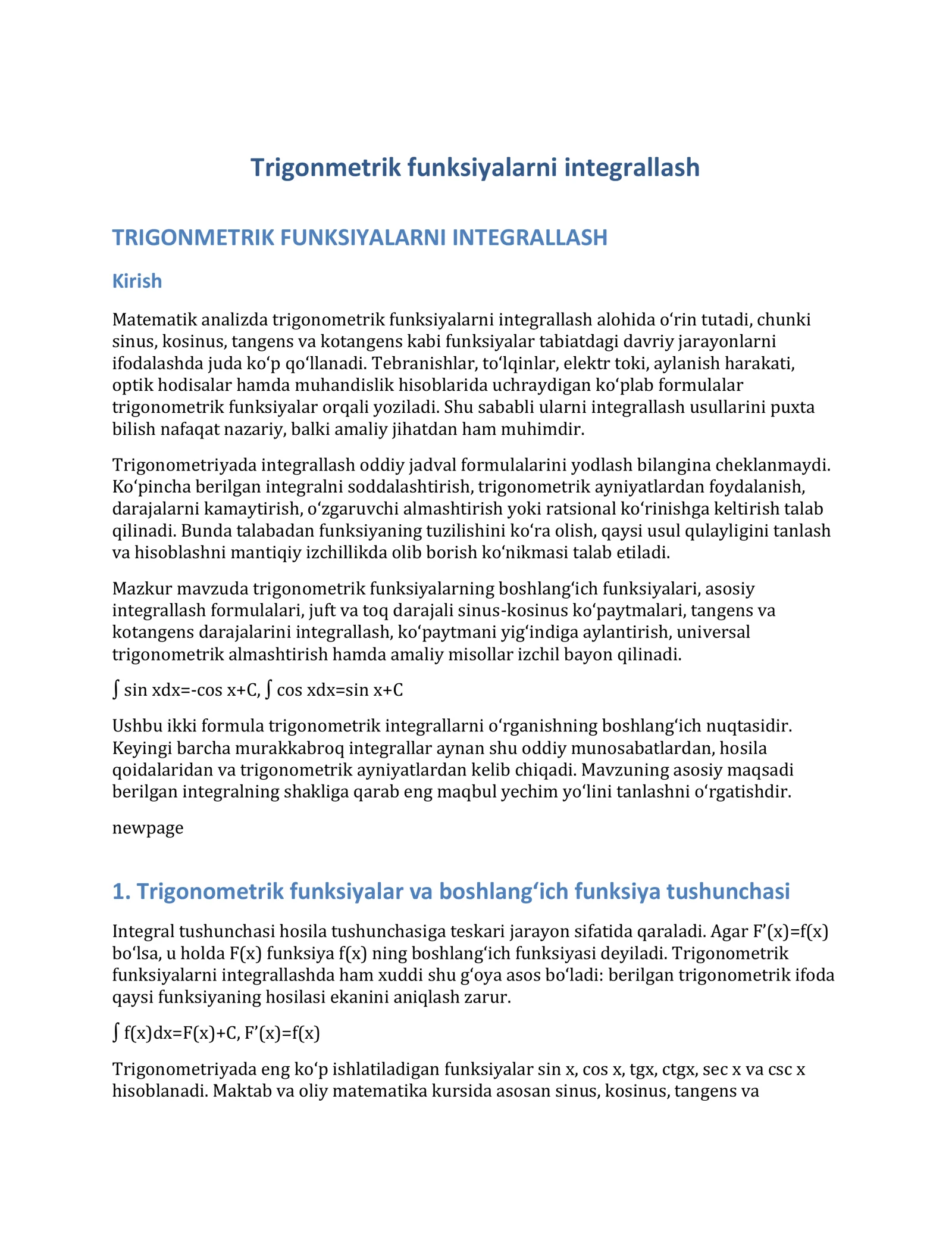 TRIGONOMETRIK FUNKSIYALARNI INTEGRALLASH