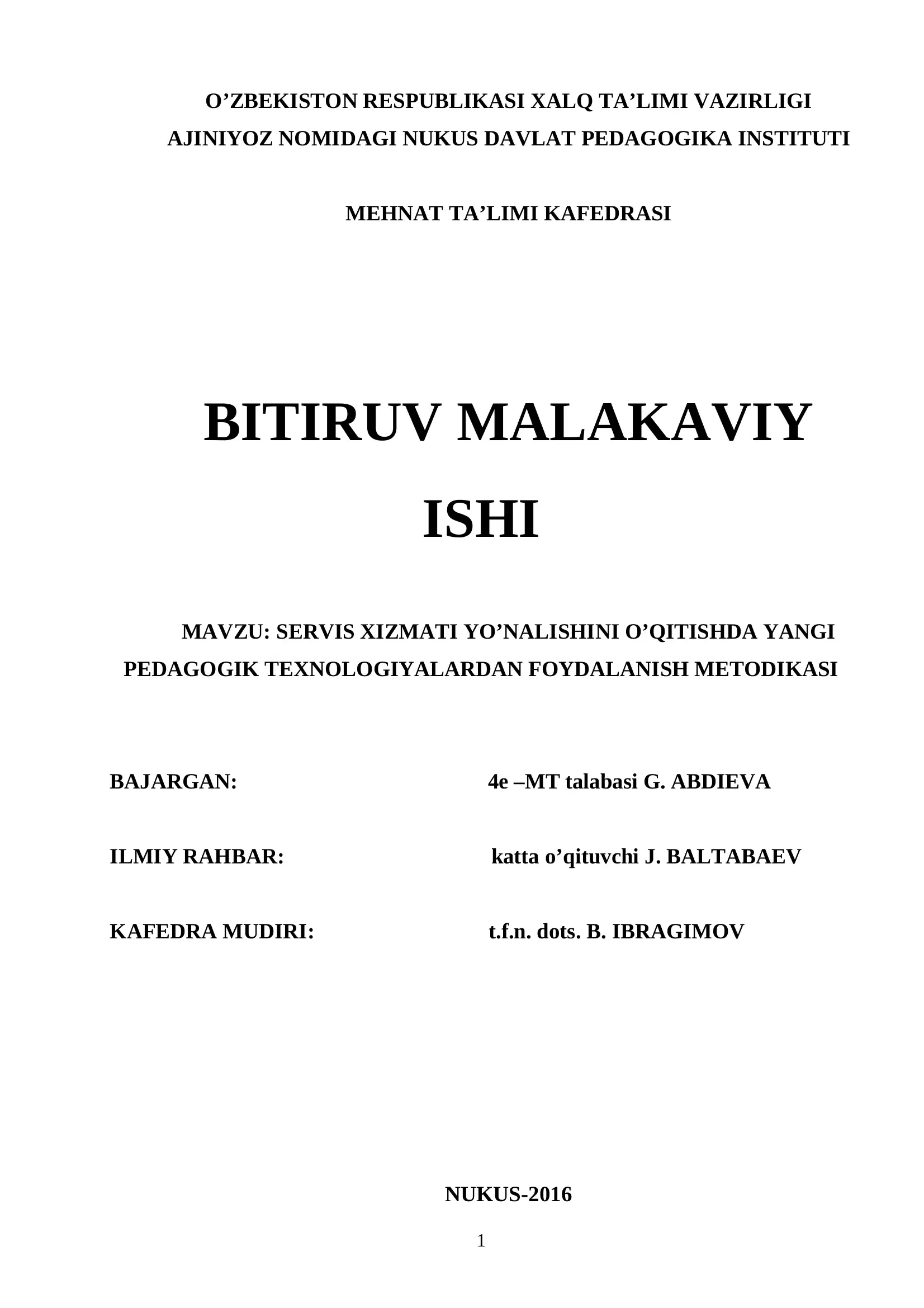 SERVIS XIZMATI YO’NALISHINI O’QITISHDA YANGI PEDAGOGIK TEXNOLOGIYALARDAN FOYDALANISH METODIKASI