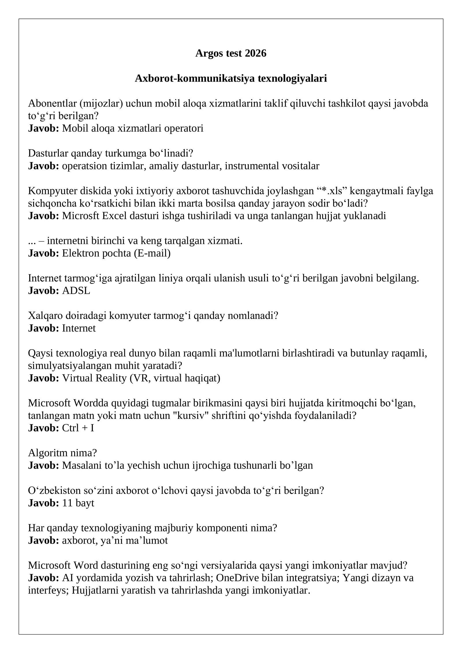 Argos test javoblar 2026 Axborot-kommunikatsiya texnologiyalari.