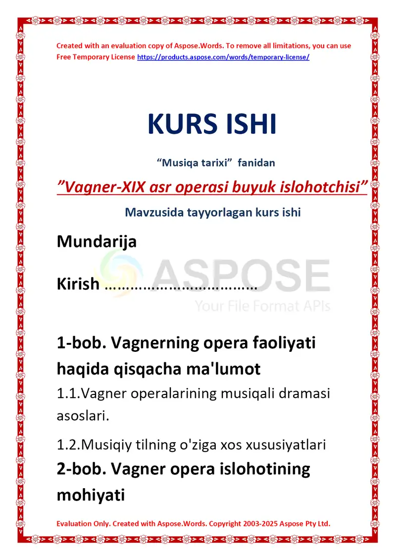 Vagner-XIX asr operasi buyuk islohotchisi mavzusida tayyorlangan kurs ishi